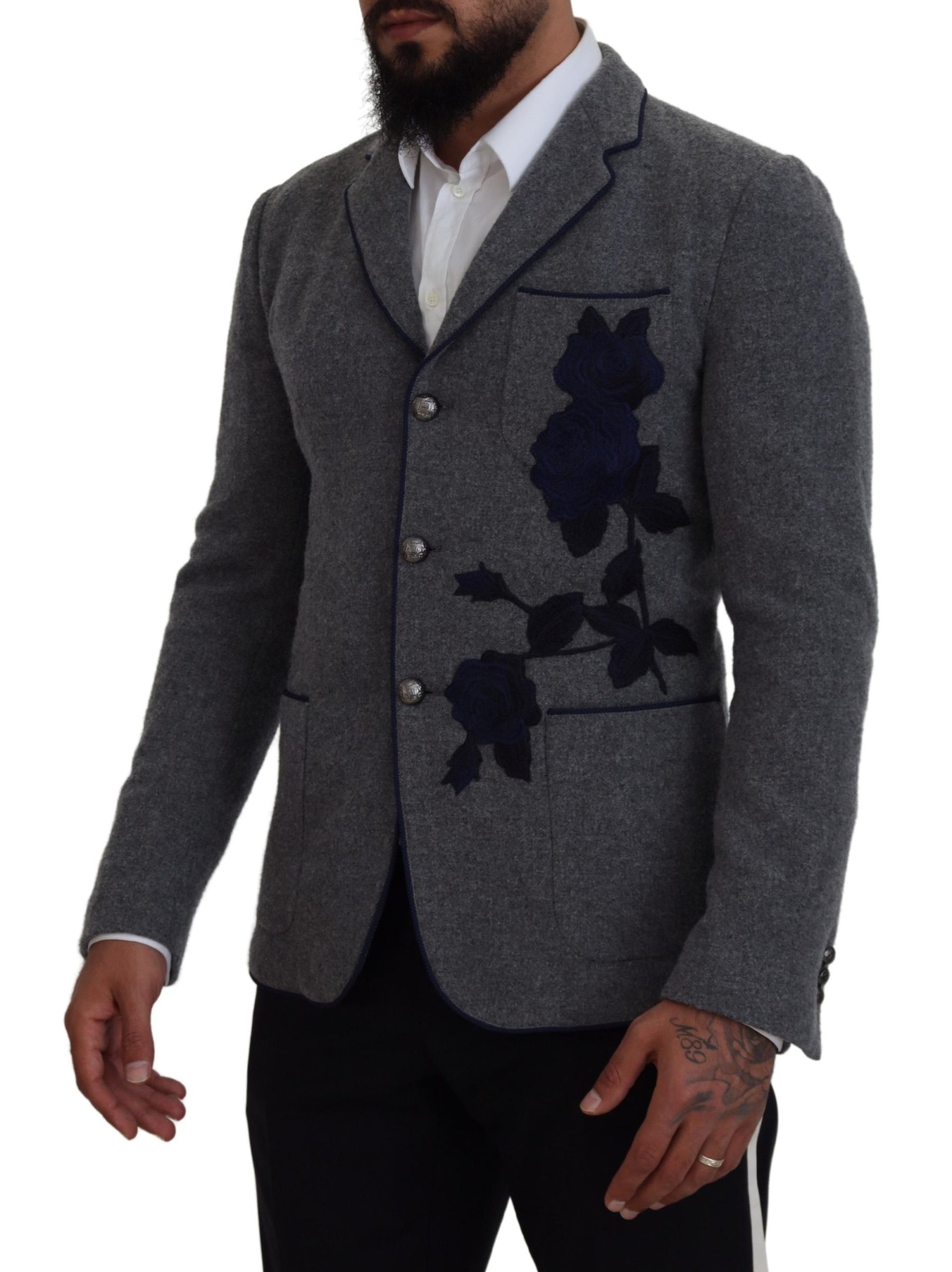 Dolce & Gabbana Gray Wool Roses Slim Fit Jacket Blazer | Regal Royce