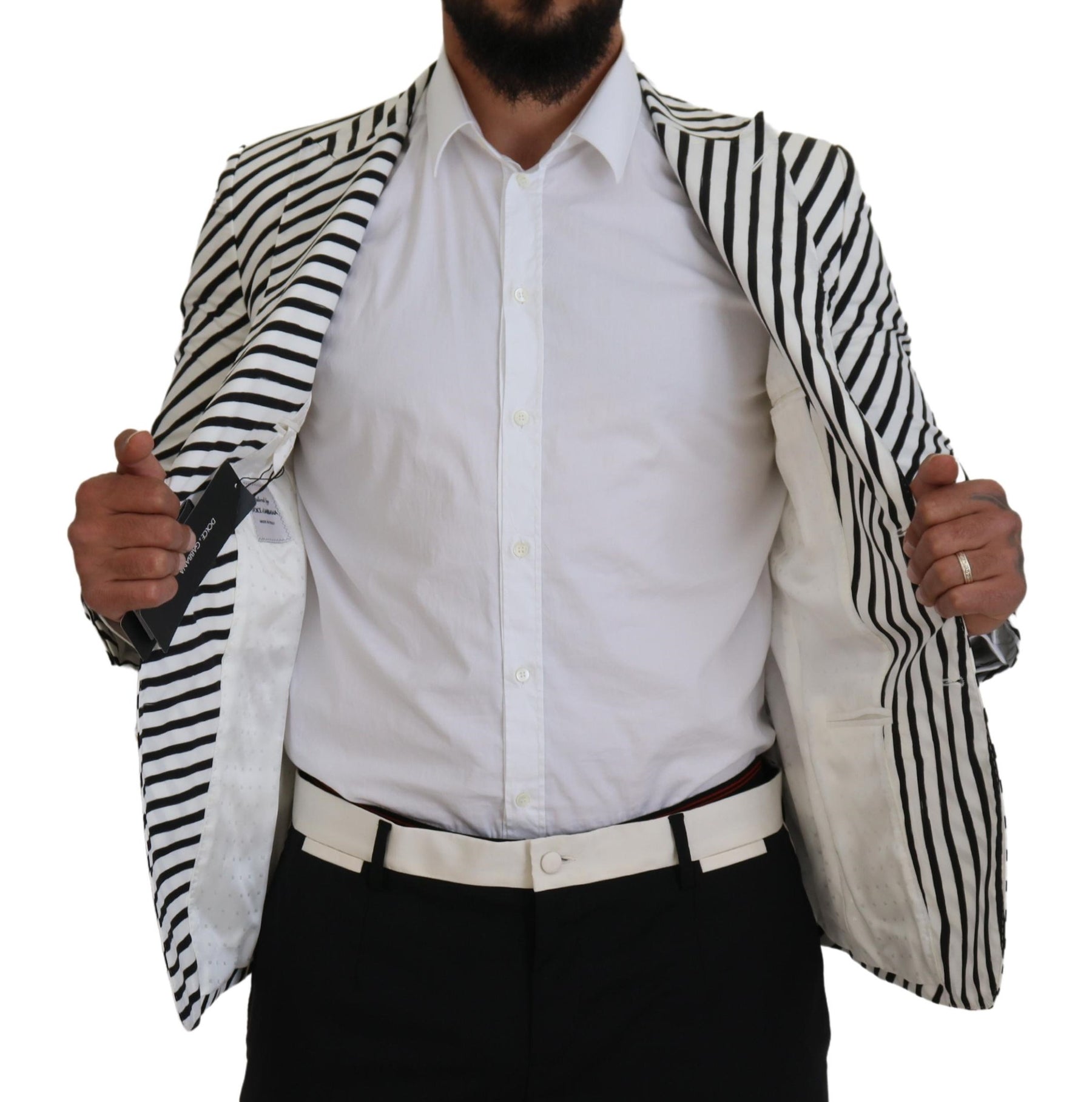 Dolce & Gabbana White Black Striped Slim Fit Jacket Blazer | Regal Royce