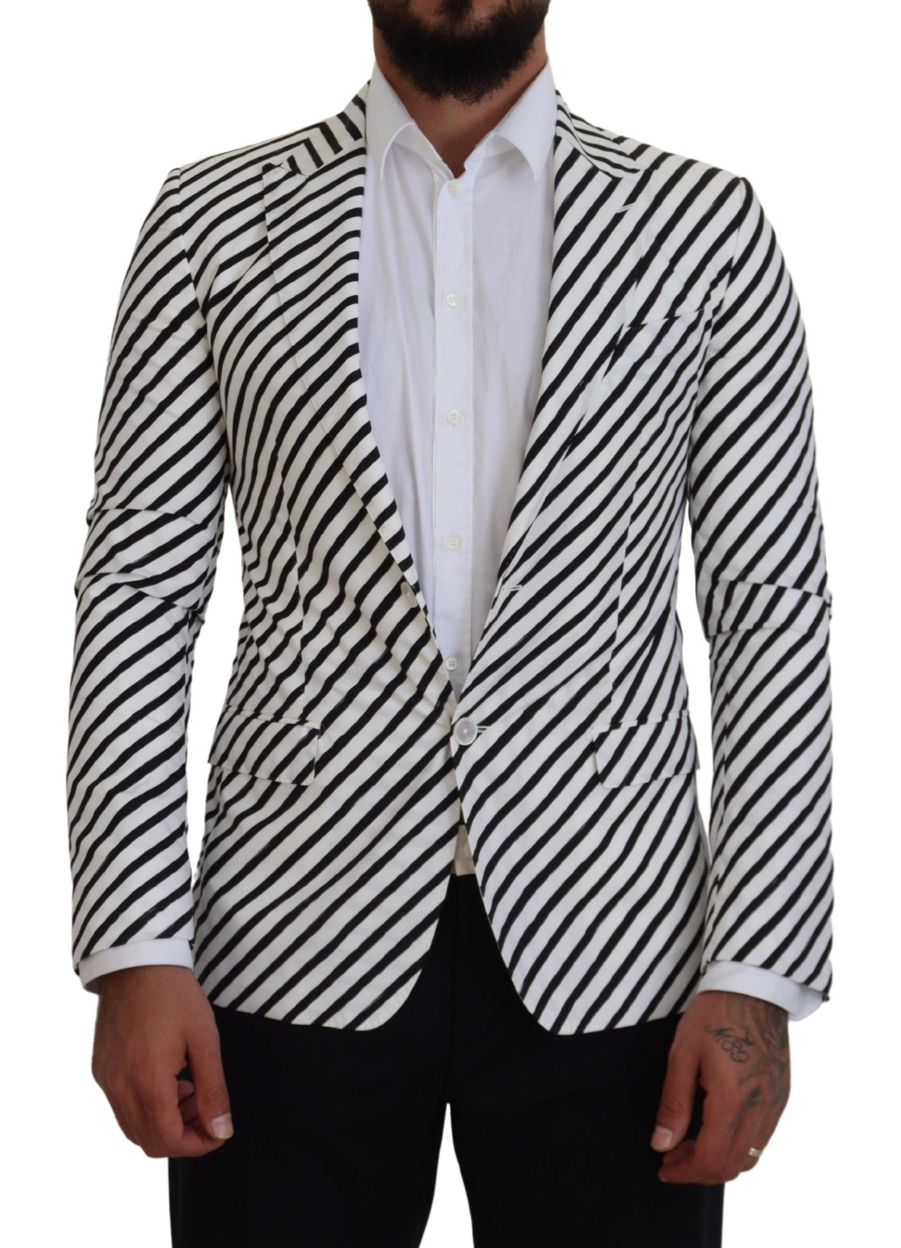 Dolce & Gabbana White Black Striped Slim Fit Jacket Blazer | Regal Royce