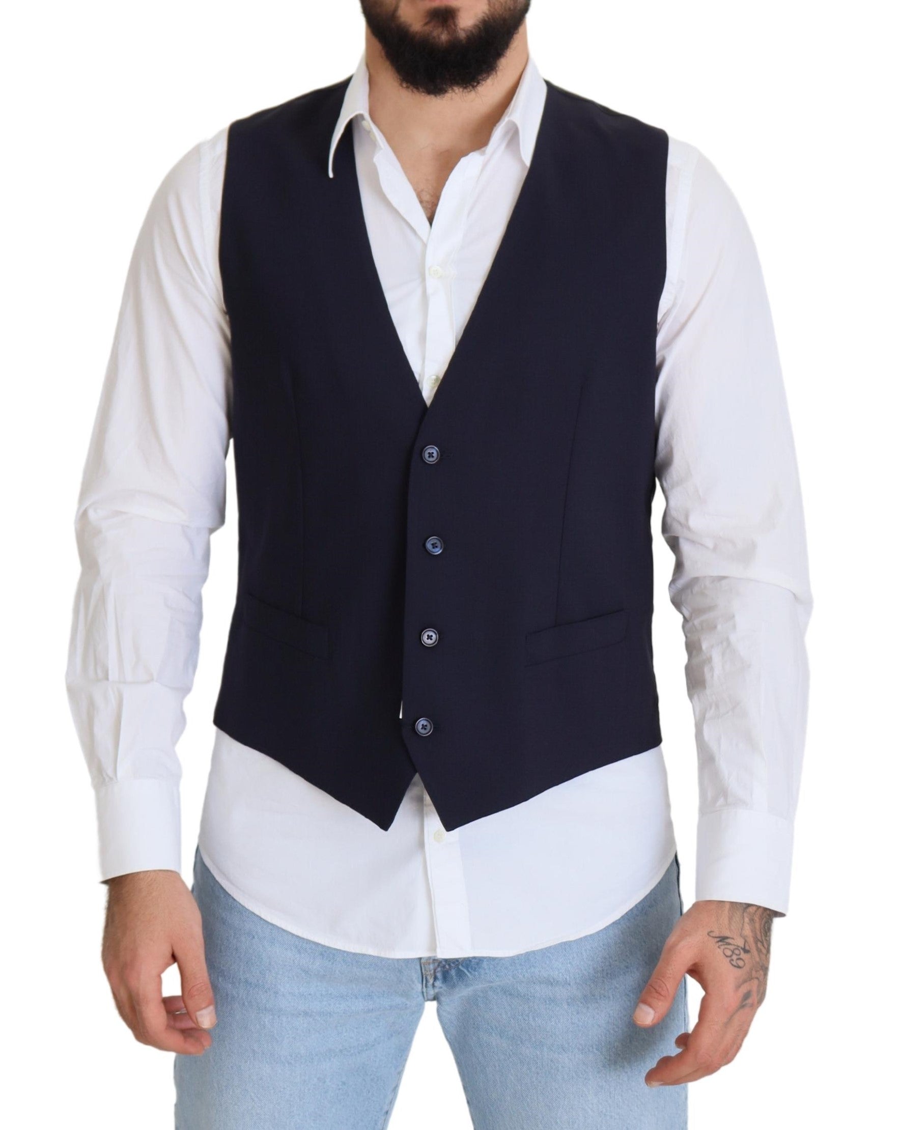 Dolce & Gabbana Dark Blue Wool Stretch Waistcoat Formal Vest | Regal Royce