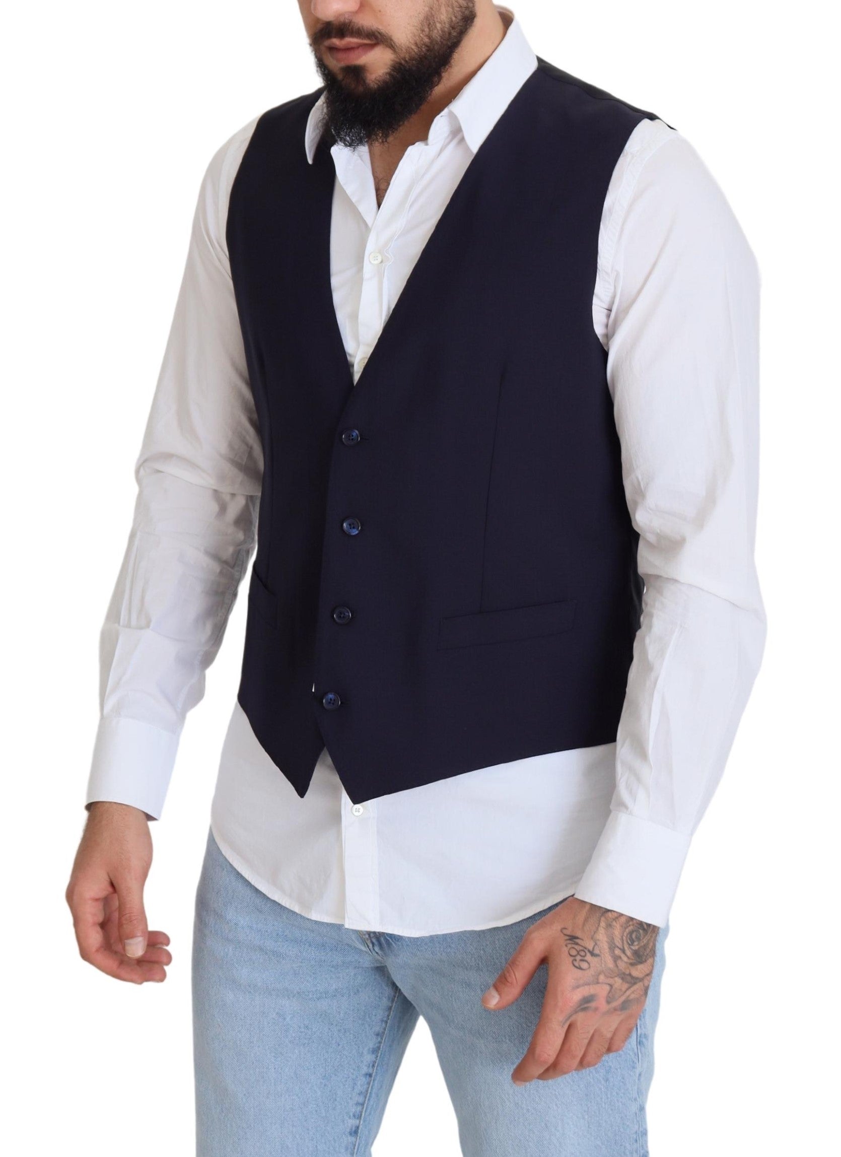 Dolce & Gabbana Dark Blue Wool Stretch Waistcoat Formal Vest | Regal Royce