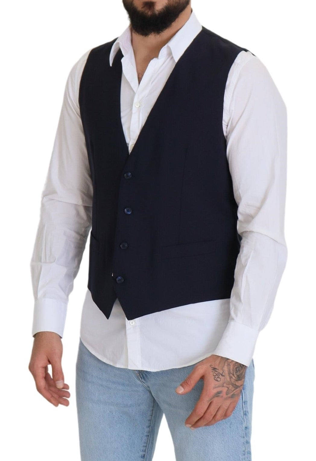 Dolce & Gabbana Dark Blue Wool Stretch Waistcoat Formal Vest | Regal Royce