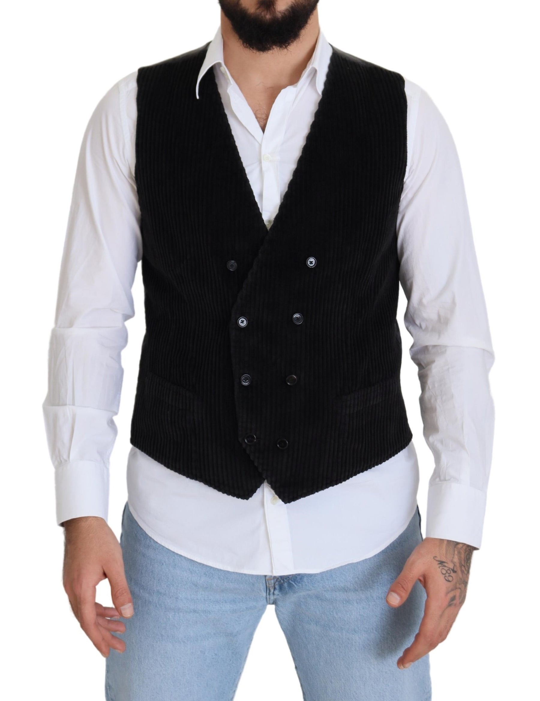 Dolce & Gabbana Black Cotton Double Breasted Waistcoat Vest | Regal Royce