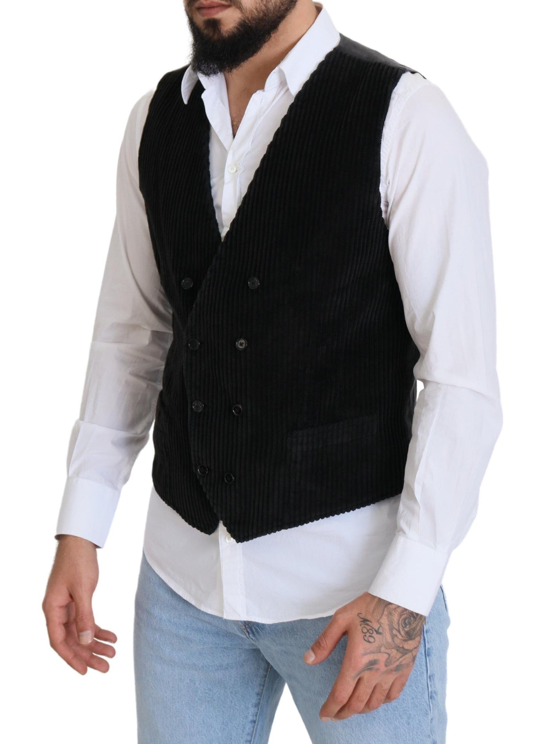 Dolce & Gabbana Black Cotton Double Breasted Waistcoat Vest | Regal Royce