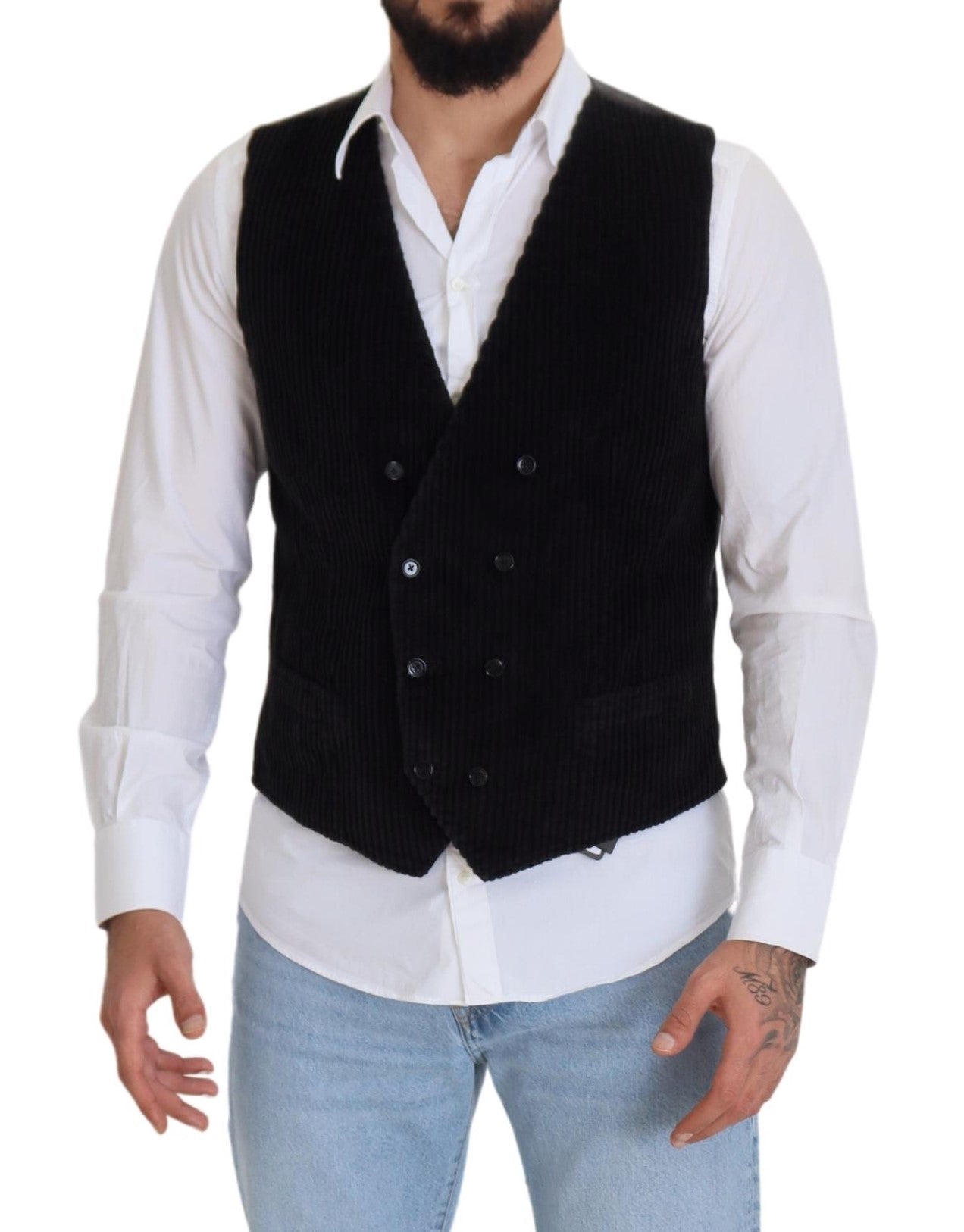 Dolce & Gabbana Black Cotton Double Breasted Waistcoat Vest | Regal Royce