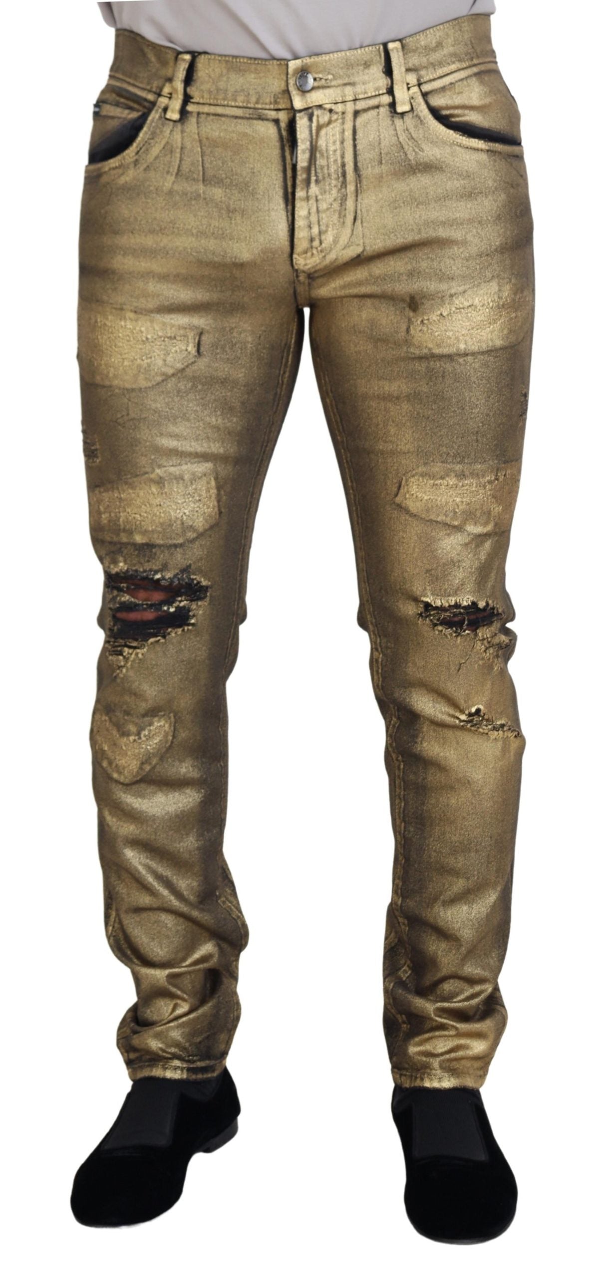 Dolce & Gabbana Gold Cotton Tattered Skinny Men Denim Jeans | Regal Royce