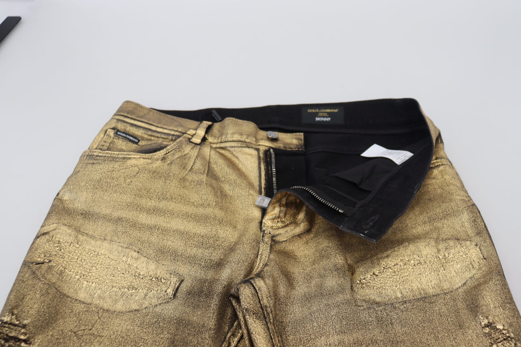 Dolce & Gabbana Gold Cotton Tattered Skinny Men Denim Jeans | Regal Royce
