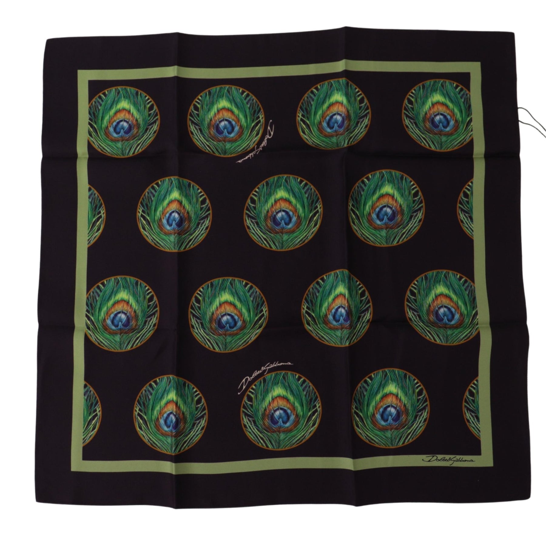 Dolce & Gabbana Black Peacock Feather DG Printed Square Handkerchief Scarf | Regal Royce