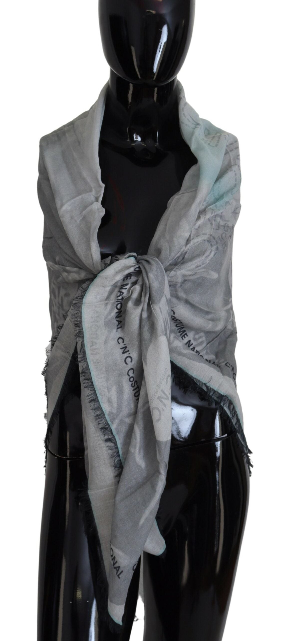 Costume National Gray Print Shawl Foulard Fringes Scarf | Regal Royce
