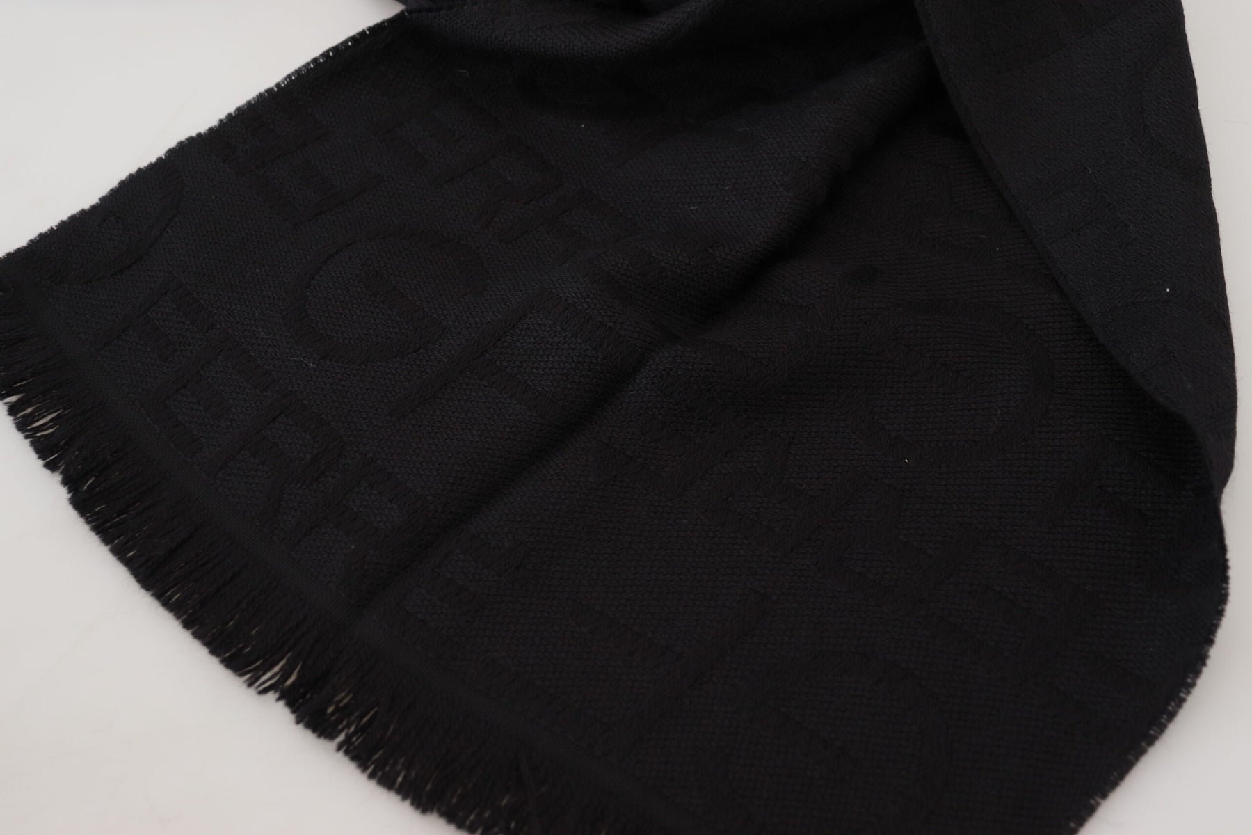 GF Ferre Black Wool Neck Wrap Shawl Fringes Scarf | Regal Royce