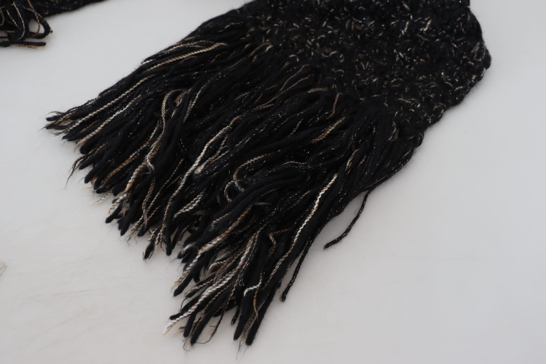 Dolce & Gabbana Black Wool Knitted Wrap Foulard Fringe Scarf | Regal Royce