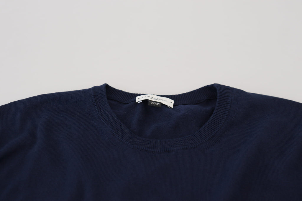 Paolo Pecora Milano Blue Cotton Crewneck Pullover Sweater