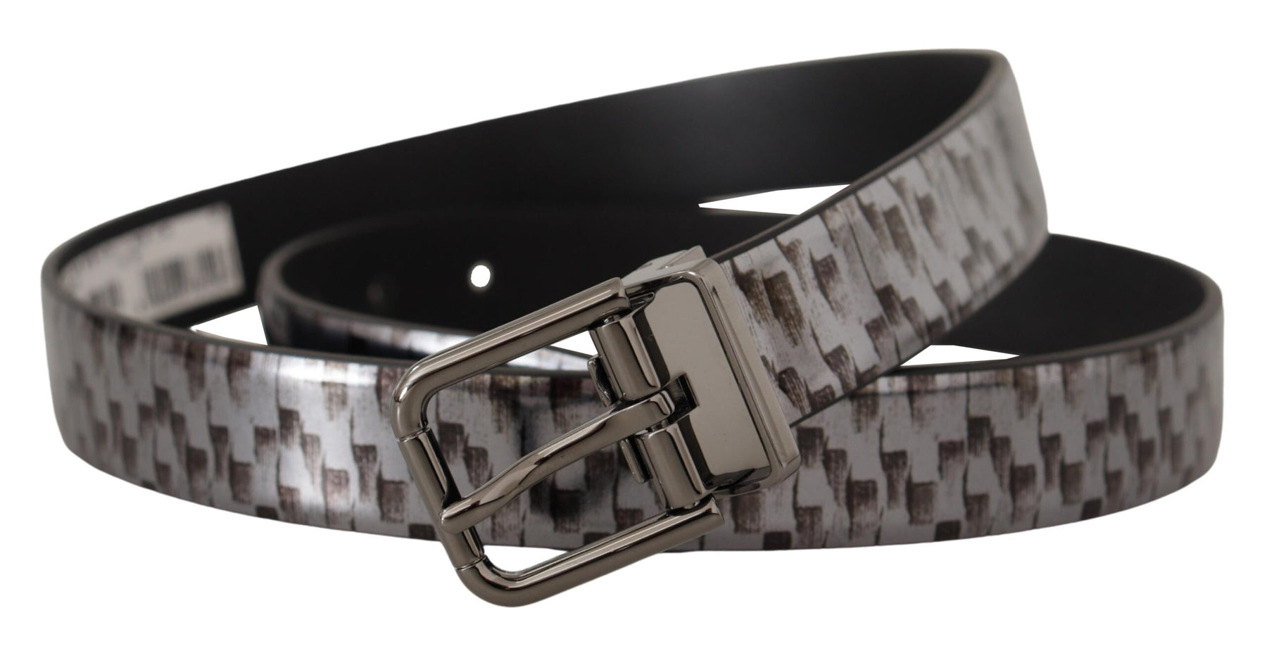Dolce & Gabbana Gray Herringbone Leather Gray 3D Metal Buckle Belt | Regal Royce