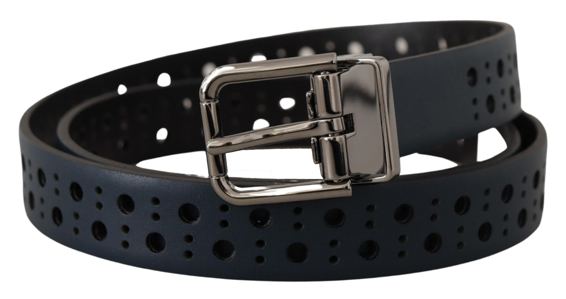 Dolce & Gabbana Navy Blue Perforated Leather Skinny Metal Buckle Belt | Regal Royce