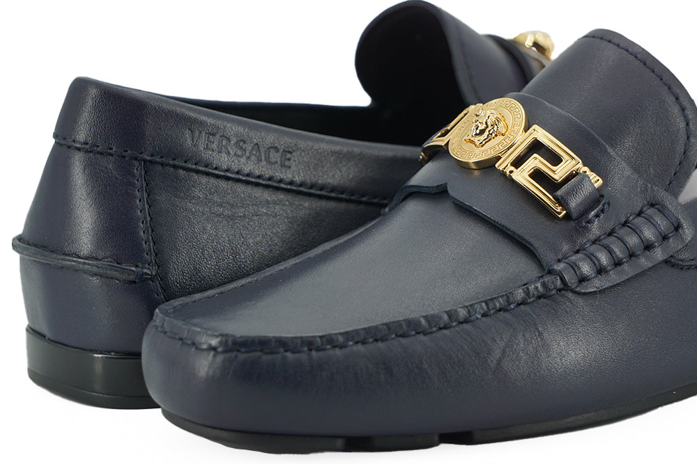 Versace Navy Blue Calf Leather Loafers Shoes | Regal Royce