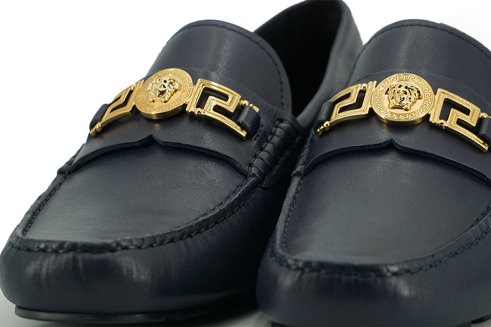Versace Navy Blue Calf Leather Loafers Shoes | Regal Royce