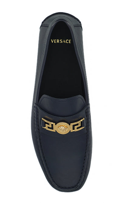 Versace Navy Blue Calf Leather Loafers Shoes | Regal Royce