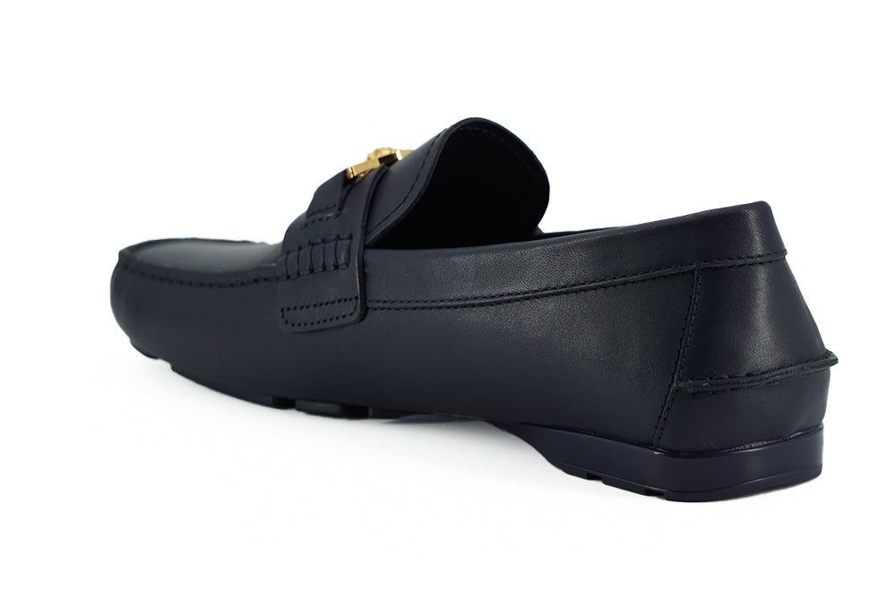 Versace Navy Blue Calf Leather Loafers Shoes | Regal Royce