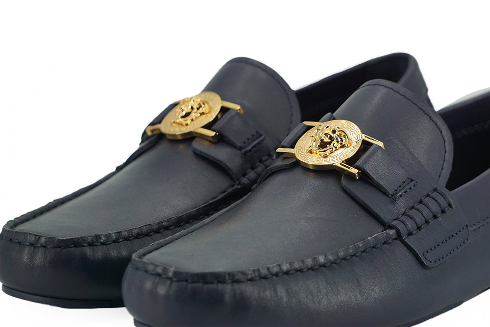 Versace Navy Blue Calf Leather Loafers Shoes | Regal Royce