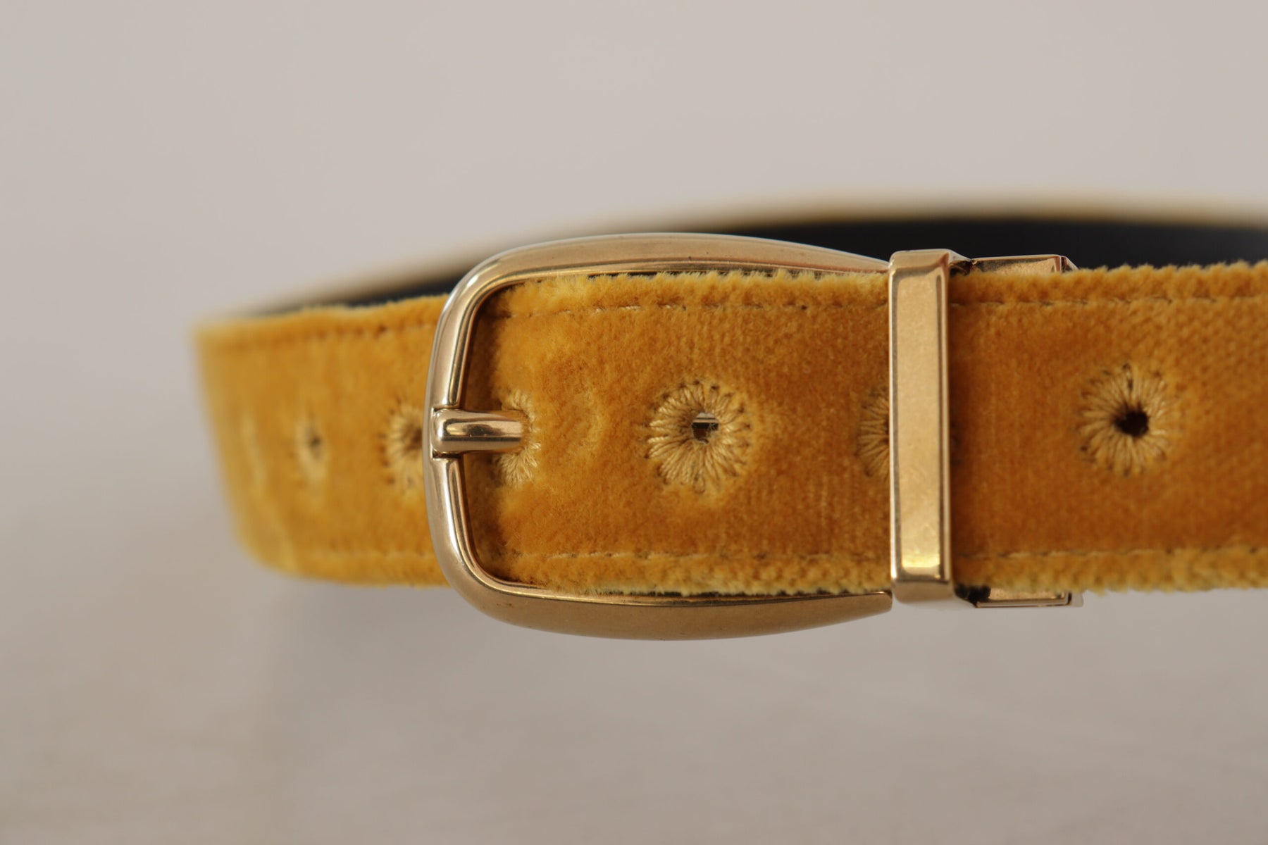 Dolce & Gabbana Mustard Velvet Gold Logo Engraved Metal Buckle Belt | Regal Royce