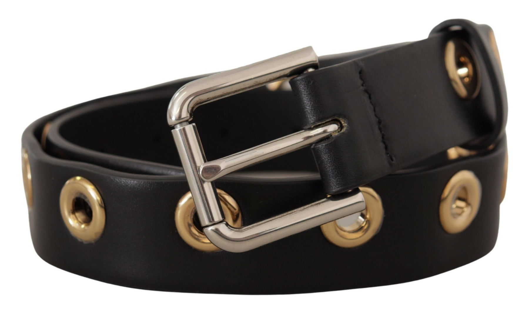 Dolce & Gabbana Black Leather Eyelet Silver Tone Metal Buckle Belt | Regal Royce
