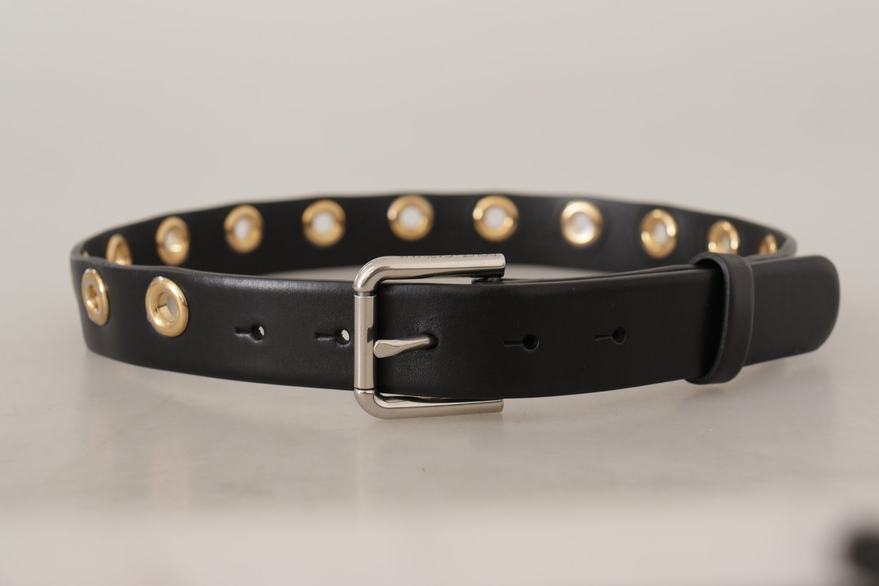Dolce & Gabbana Black Leather Eyelet Silver Tone Metal Buckle Belt | Regal Royce