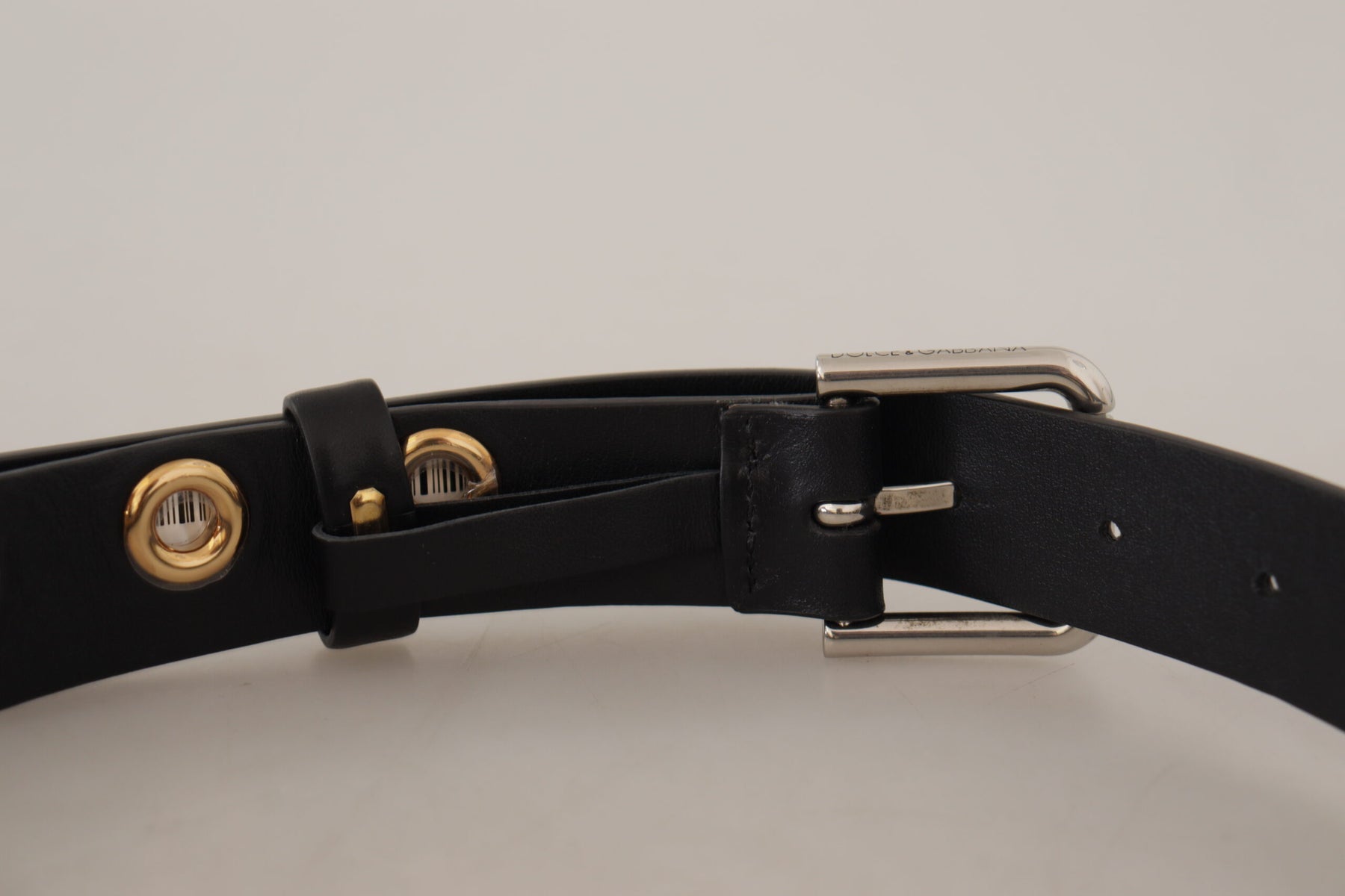 Dolce & Gabbana Black Leather Eyelet Silver Tone Metal Buckle Belt | Regal Royce