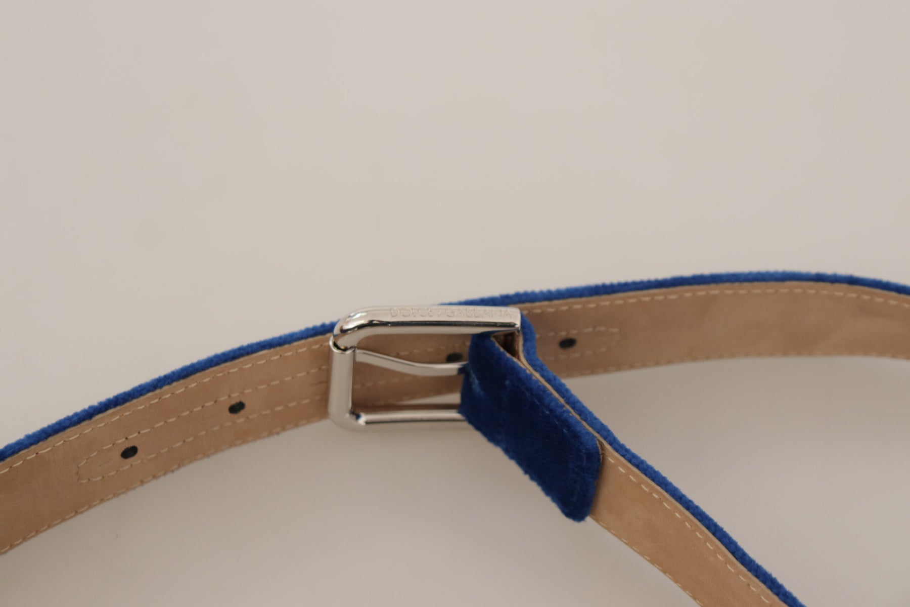 Dolce & Gabbana Blue Velvet Silver Logo Engraved Metal Buckle Belt | Regal Royce