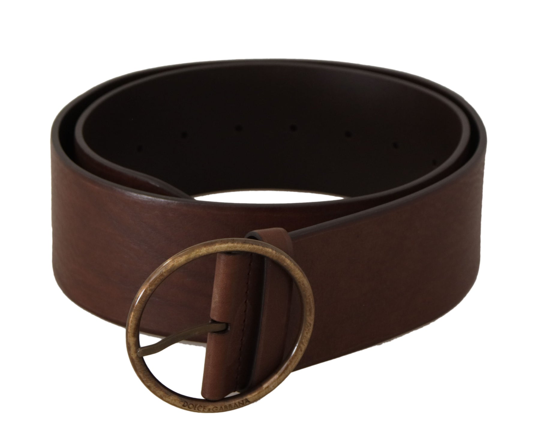 Dolce & Gabbana Brown Leather Wide Waist Logo Metal Round Buckle Belt | Regal Royce