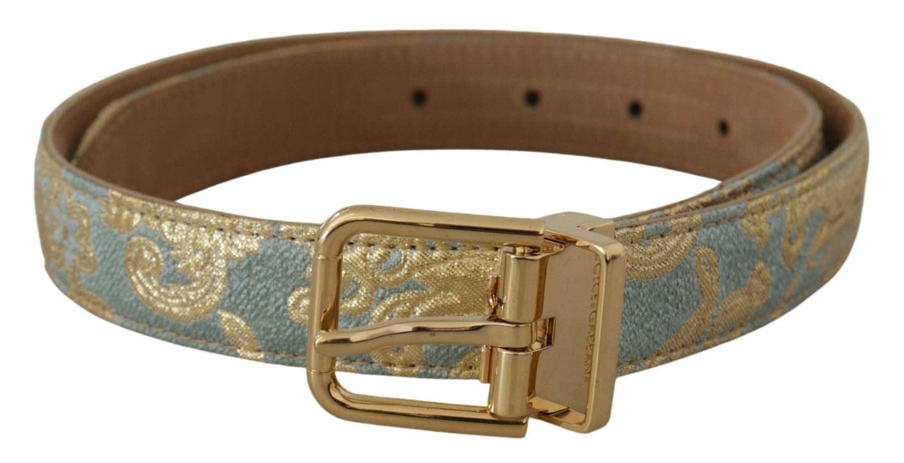Dolce & Gabbana Blue Leather Jacquard Embossed Gold Metal Buckle Belt | Regal Royce