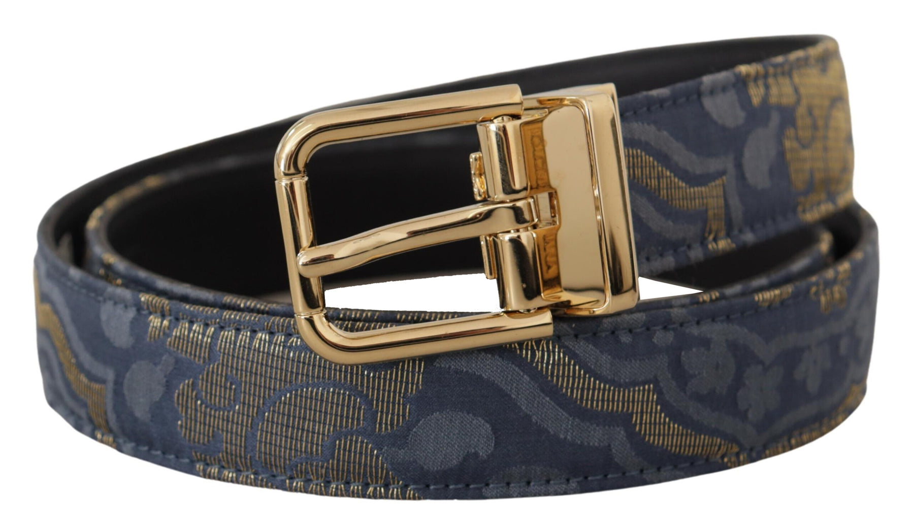 Dolce & Gabbana Navy Blue Jacquard Gold Tone Logo Metal Buckle Belt | Regal Royce