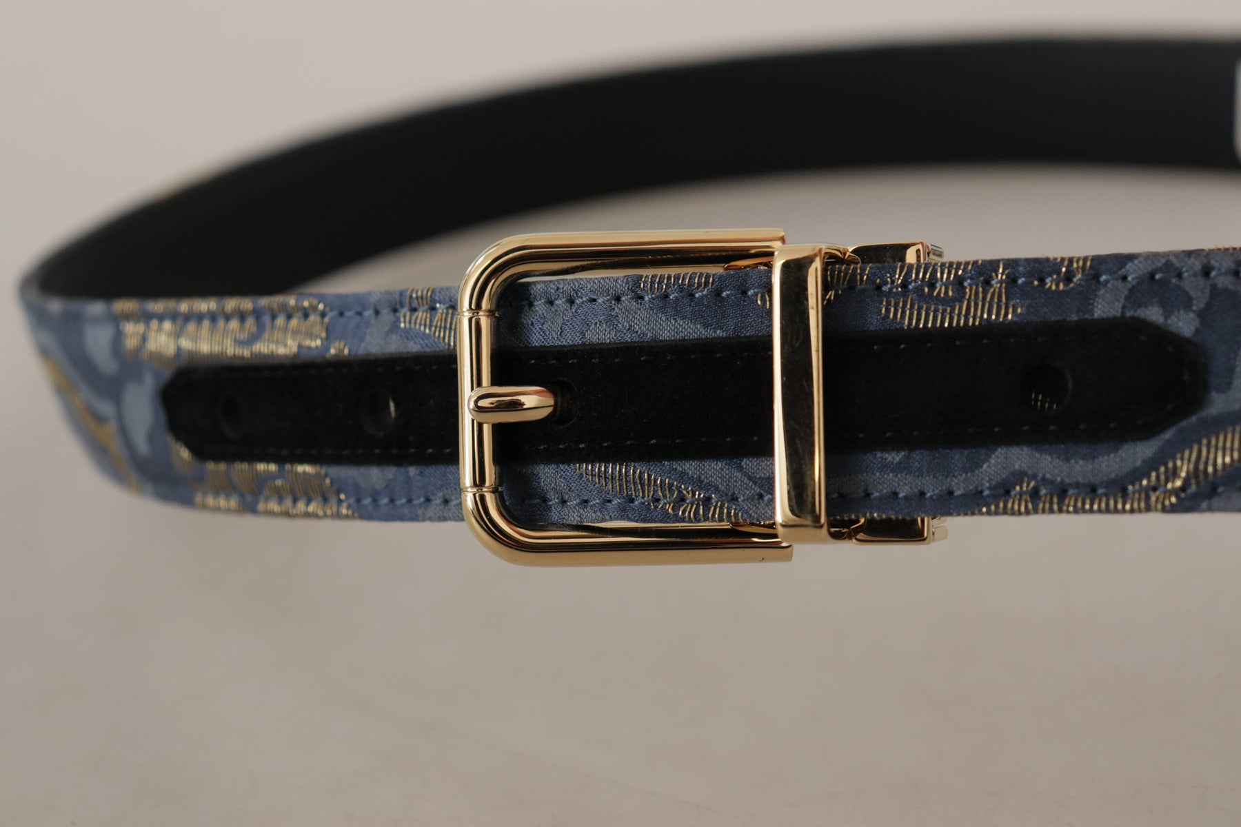Dolce & Gabbana Navy Blue Jacquard Gold Tone Logo Metal Buckle Belt | Regal Royce