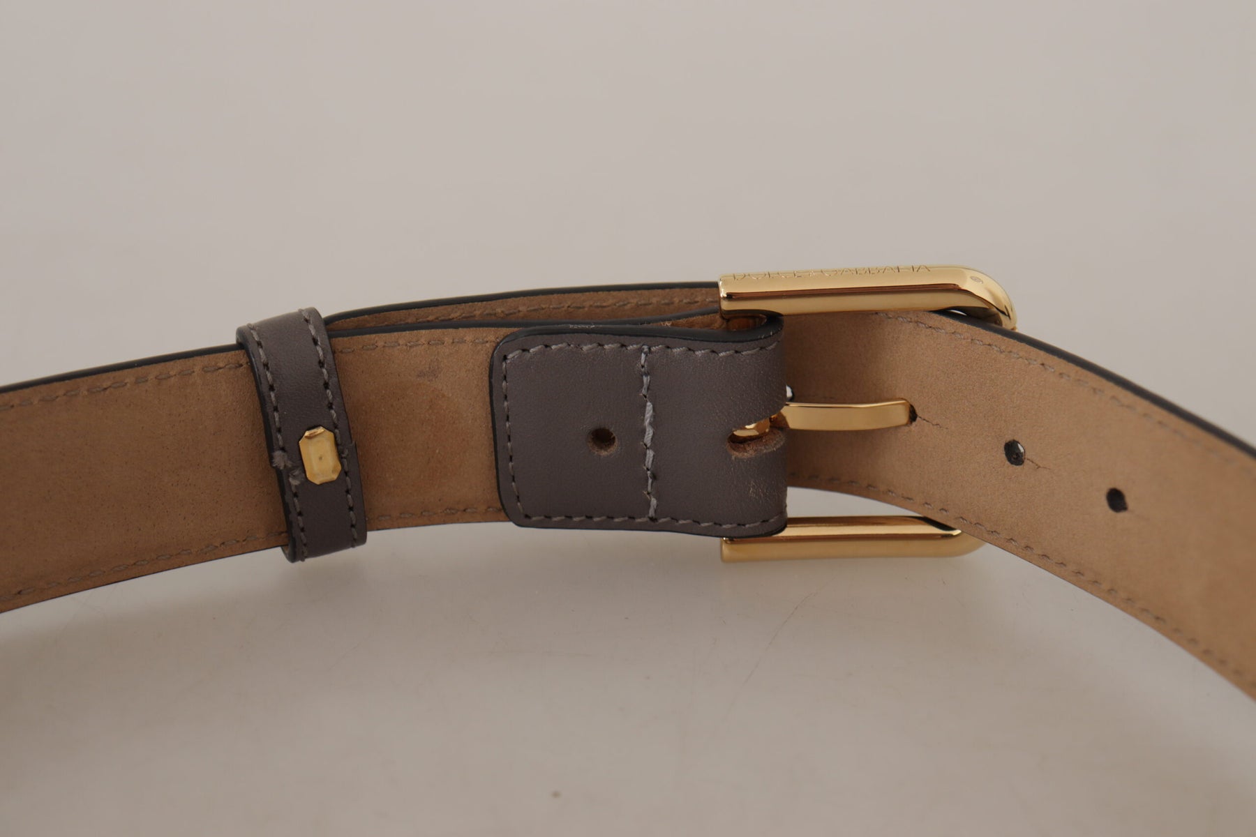 Dolce & Gabbana Gray Calfskin Leather Gold Metal Logo Buckle Belt | Regal Royce