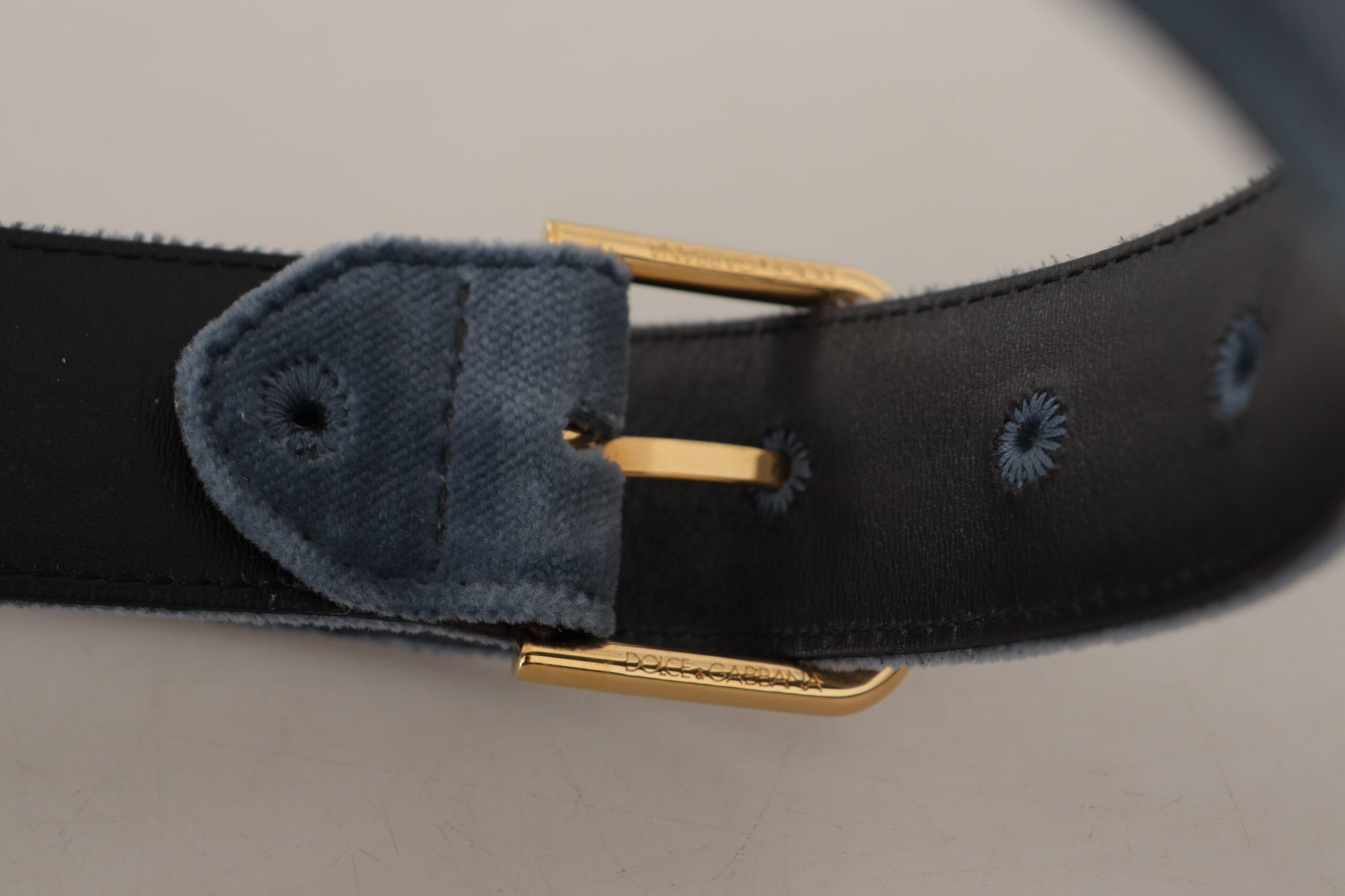Dolce & Gabbana Navy Blue Velvet Gold Metal Logo Waist Buckle Belt | Regal Royce