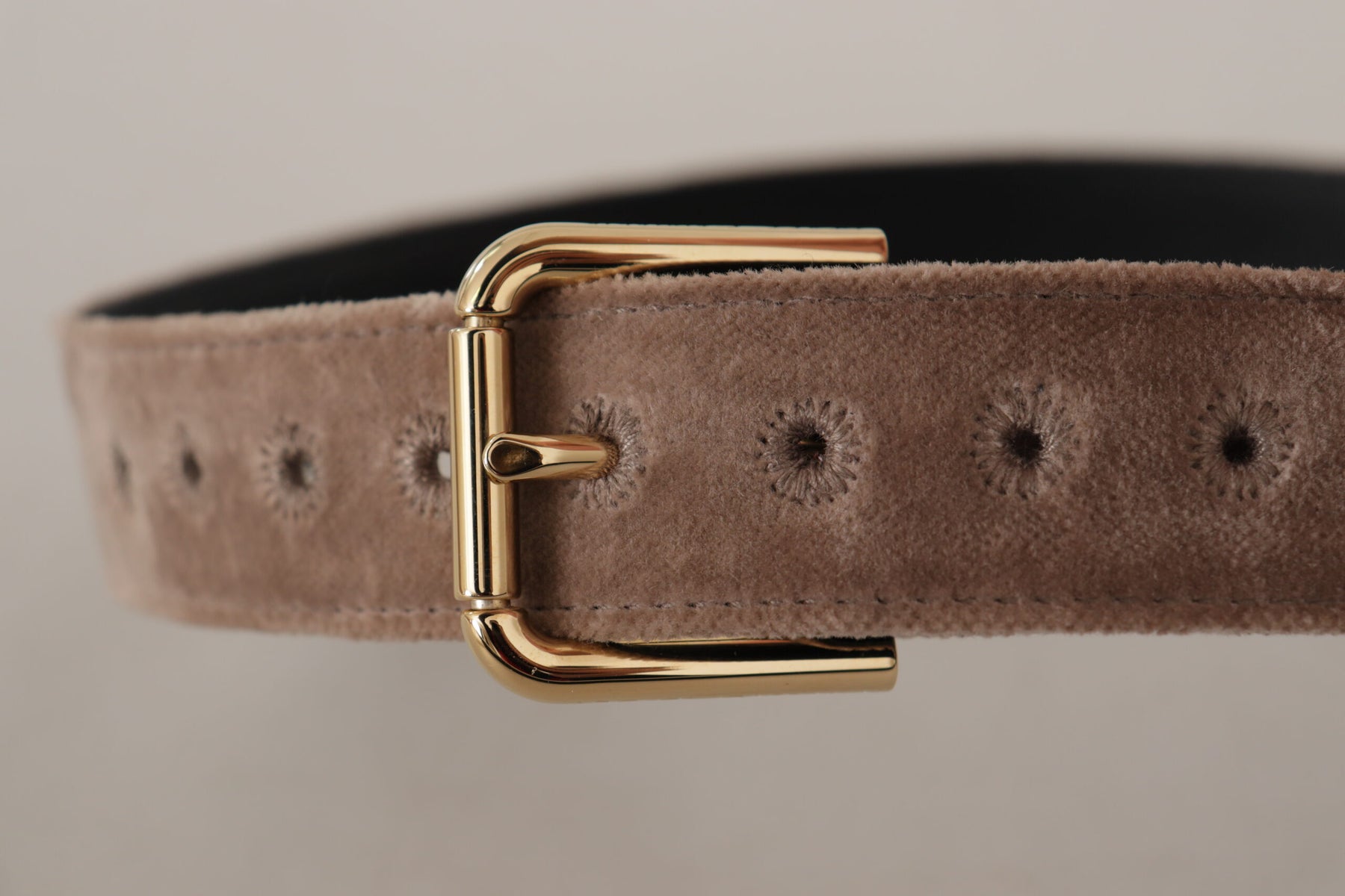 Dolce & Gabbana Light Brown Velvet Gold Tone Logo Metal Buckle Belt | Regal Royce