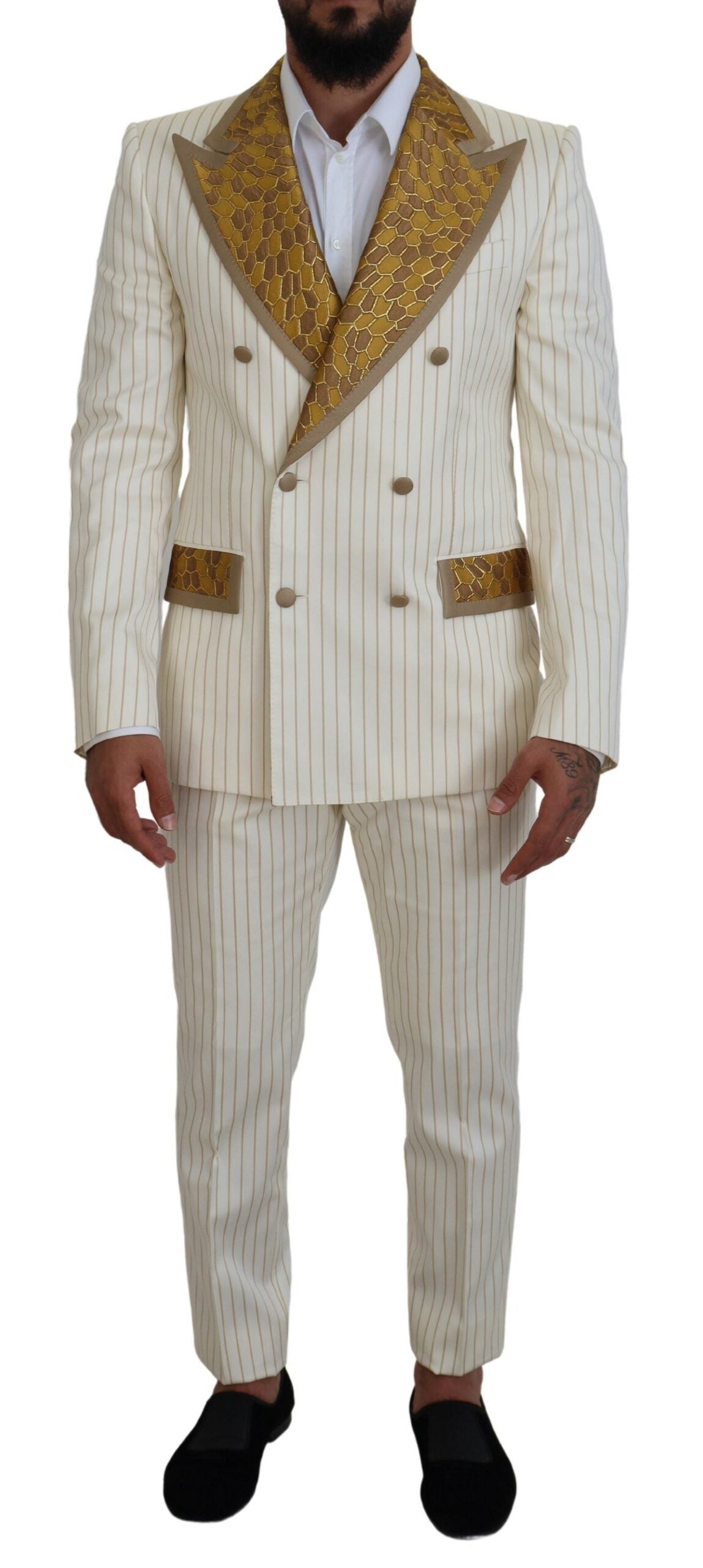 Dolce & Gabbana Off White Gold Striped Tuxedo Slim Fit Suit | Regal Royce