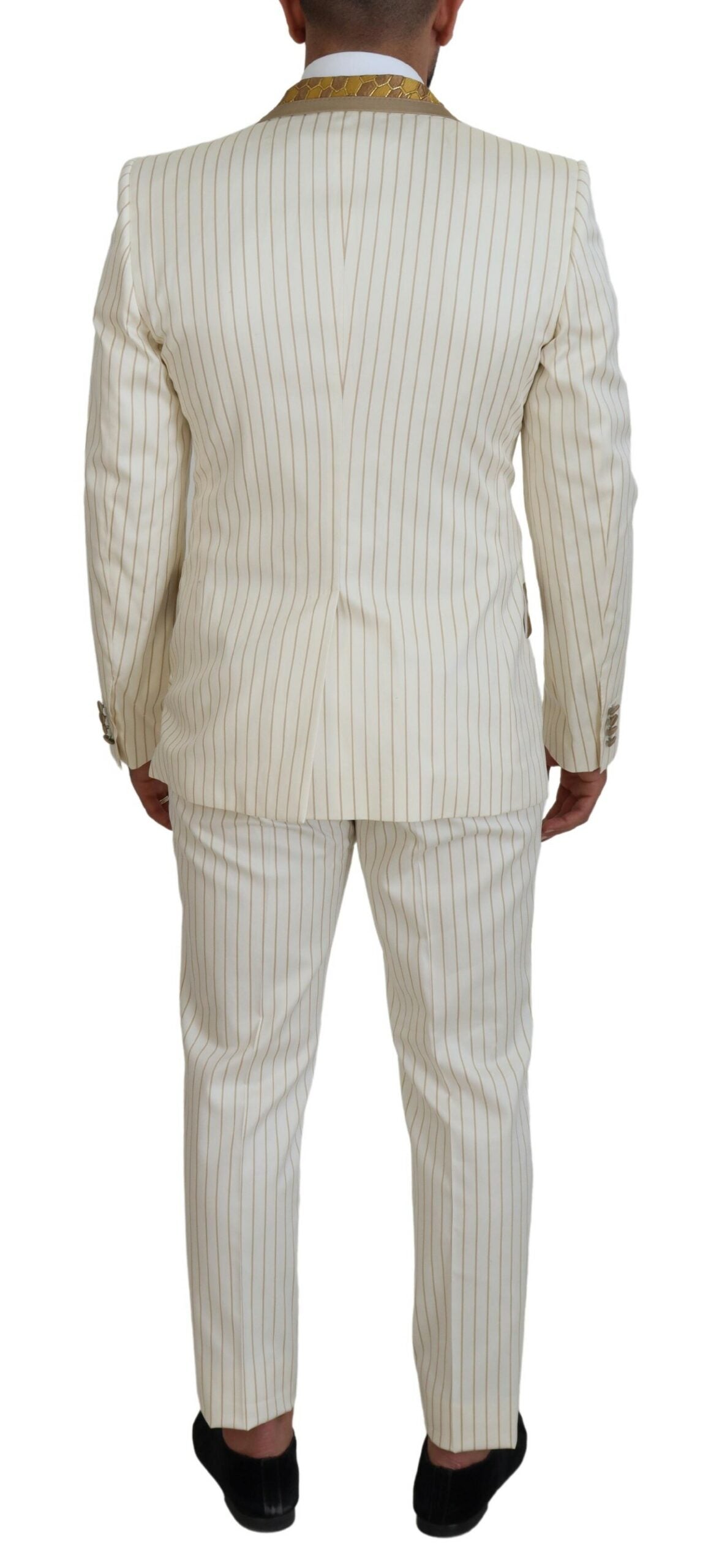 Dolce & Gabbana Off White Gold Striped Tuxedo Slim Fit Suit | Regal Royce