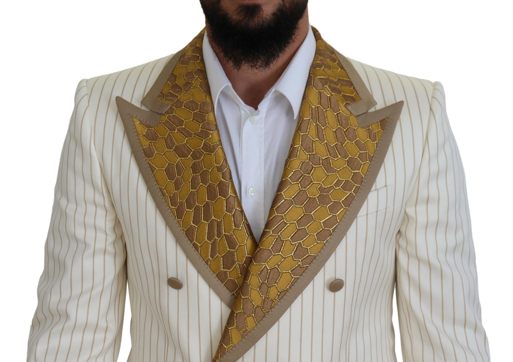 Dolce & Gabbana Off White Gold Striped Tuxedo Slim Fit Suit | Regal Royce