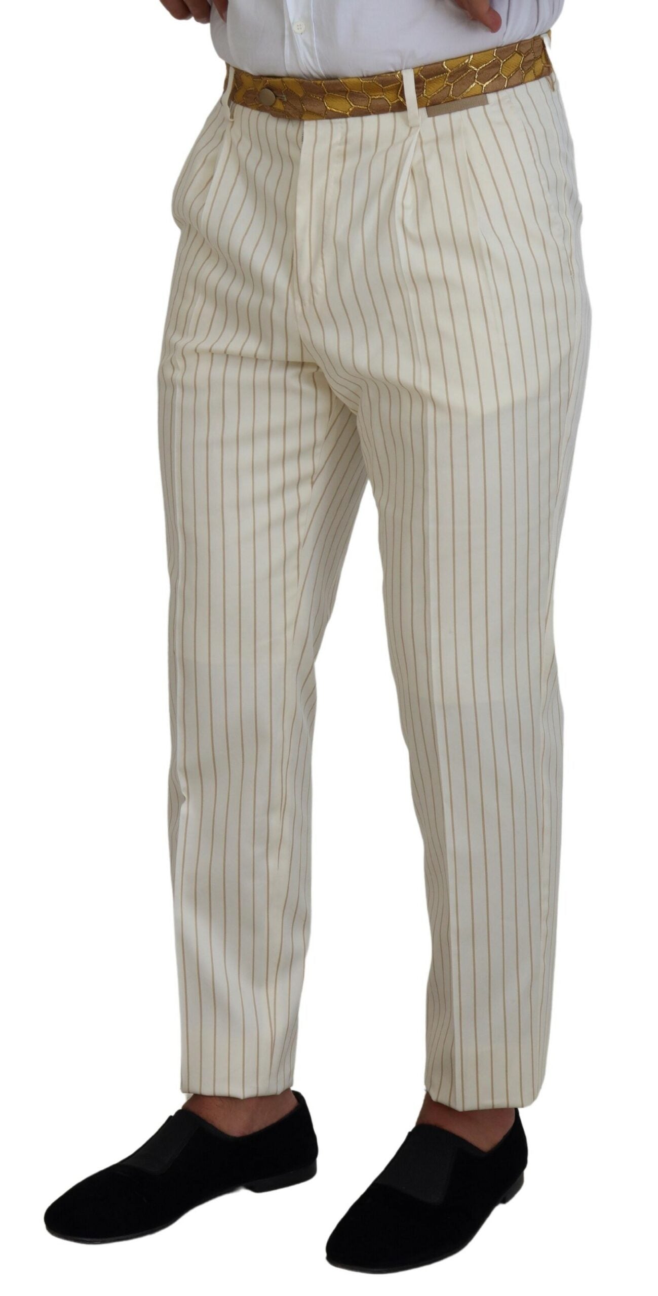 Dolce & Gabbana Off White Gold Striped Tuxedo Slim Fit Suit | Regal Royce