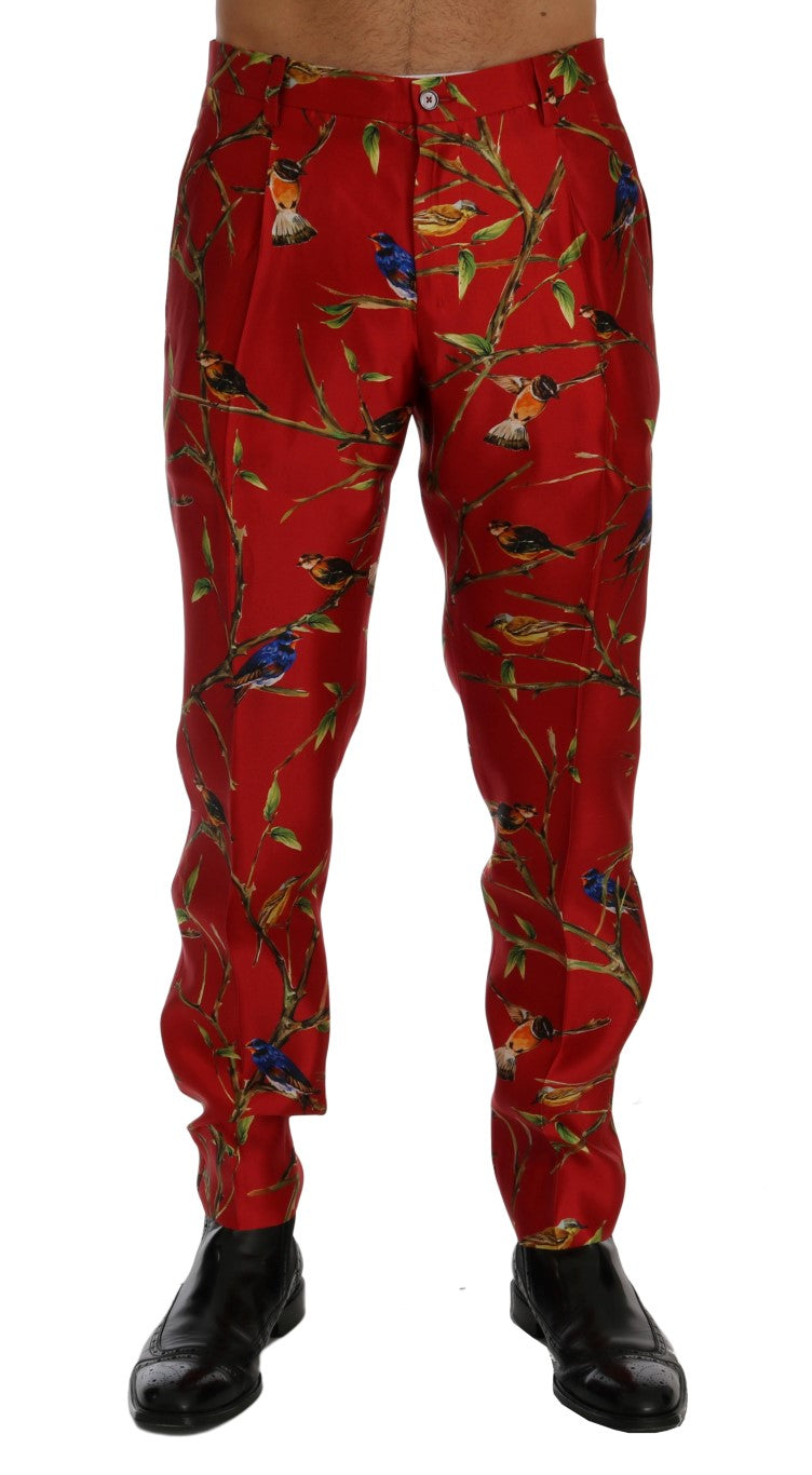Dolce & Gabbana Red Silk Bird Print Dress Pants | Regal Royce