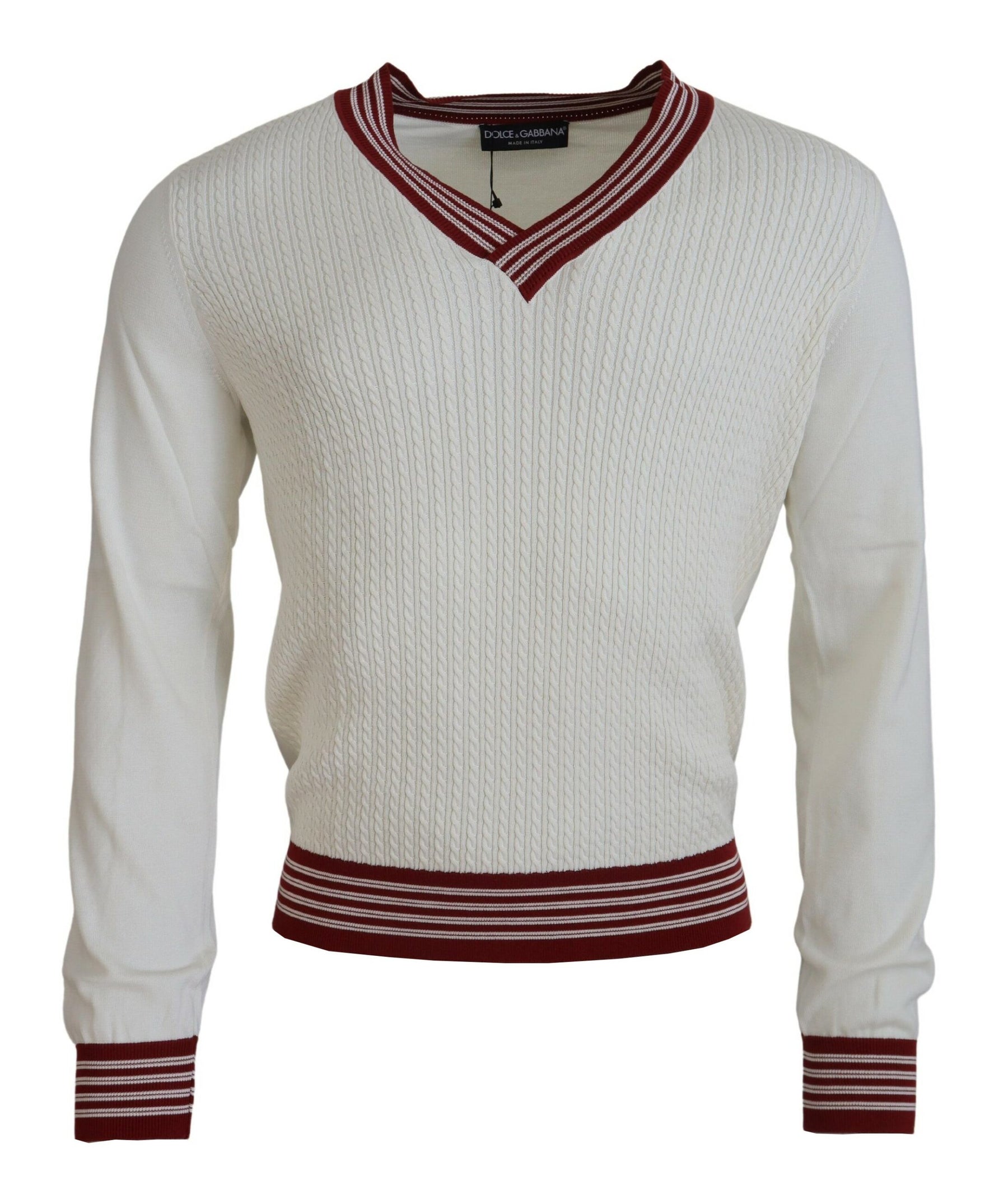 Dolce & Gabbana White Red Knitted V-neck Pullover Sweater | Regal Royce