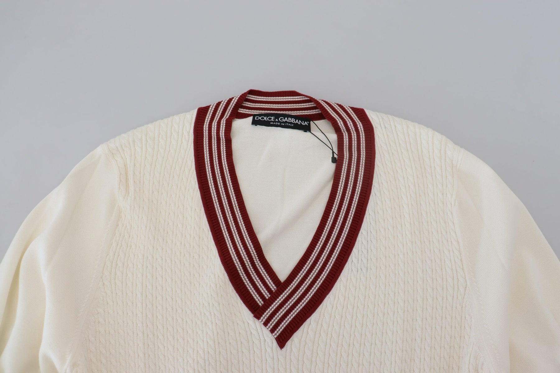 Dolce & Gabbana White Red Knitted V-neck Pullover Sweater | Regal Royce