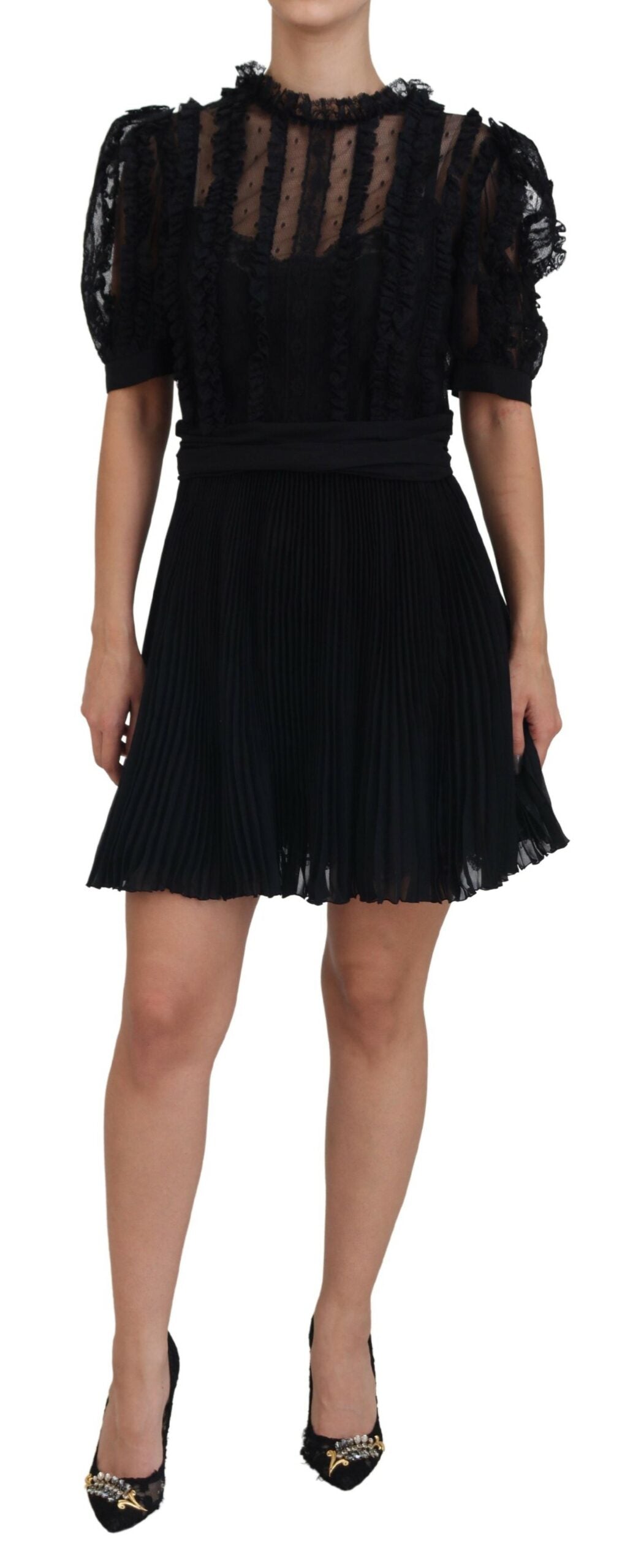 Dolce & Gabbana Black Lace Trim A-line Mini Nylon Dress | Regal Royce