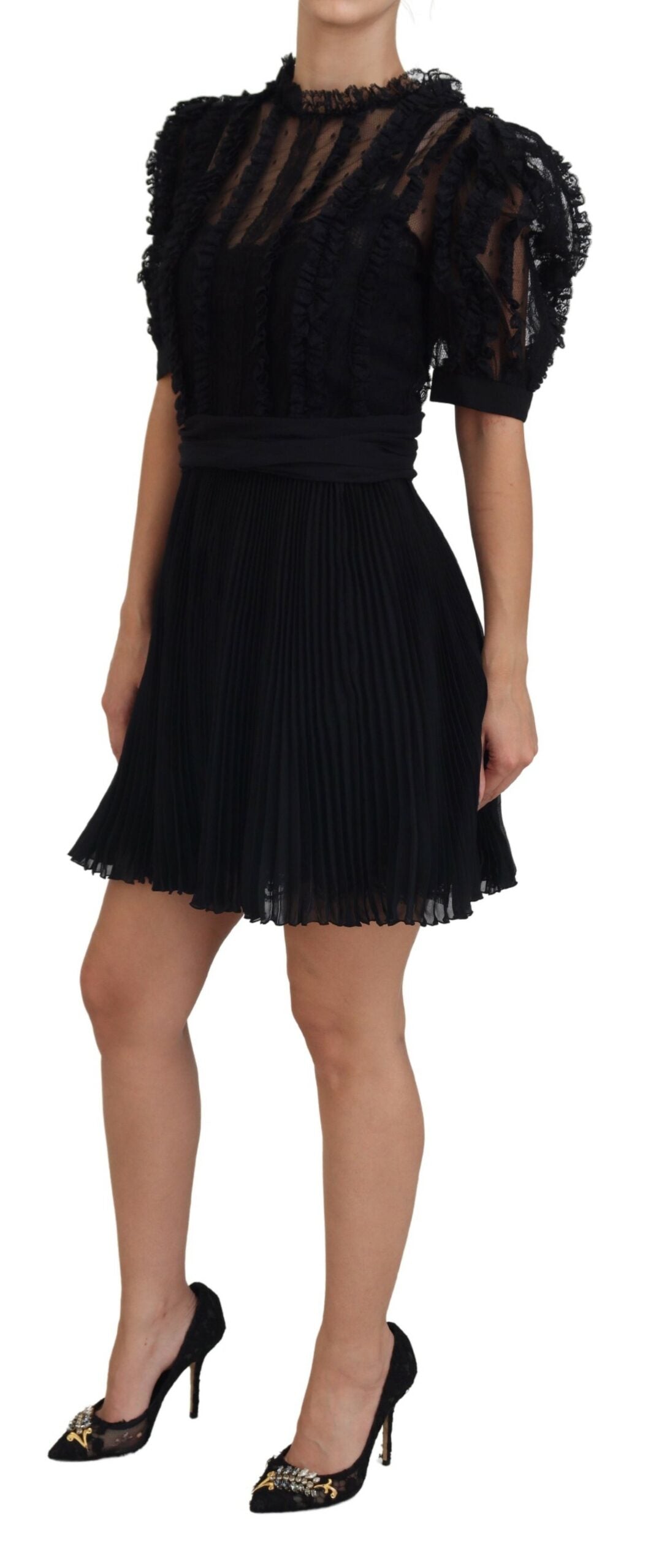 Dolce & Gabbana Black Lace Trim A-line Mini Nylon Dress | Regal Royce