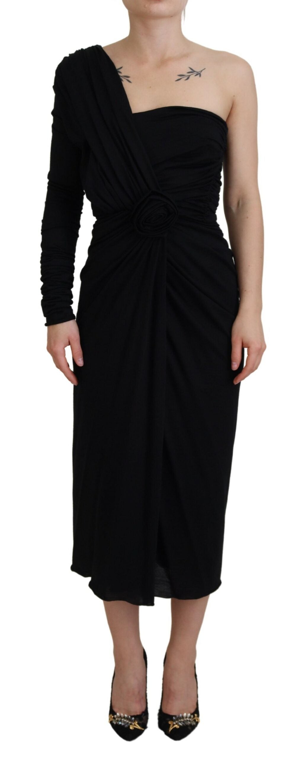 Dolce & Gabbana Black Wrap Sheath One Shoulder Wool Dress | Regal Royce