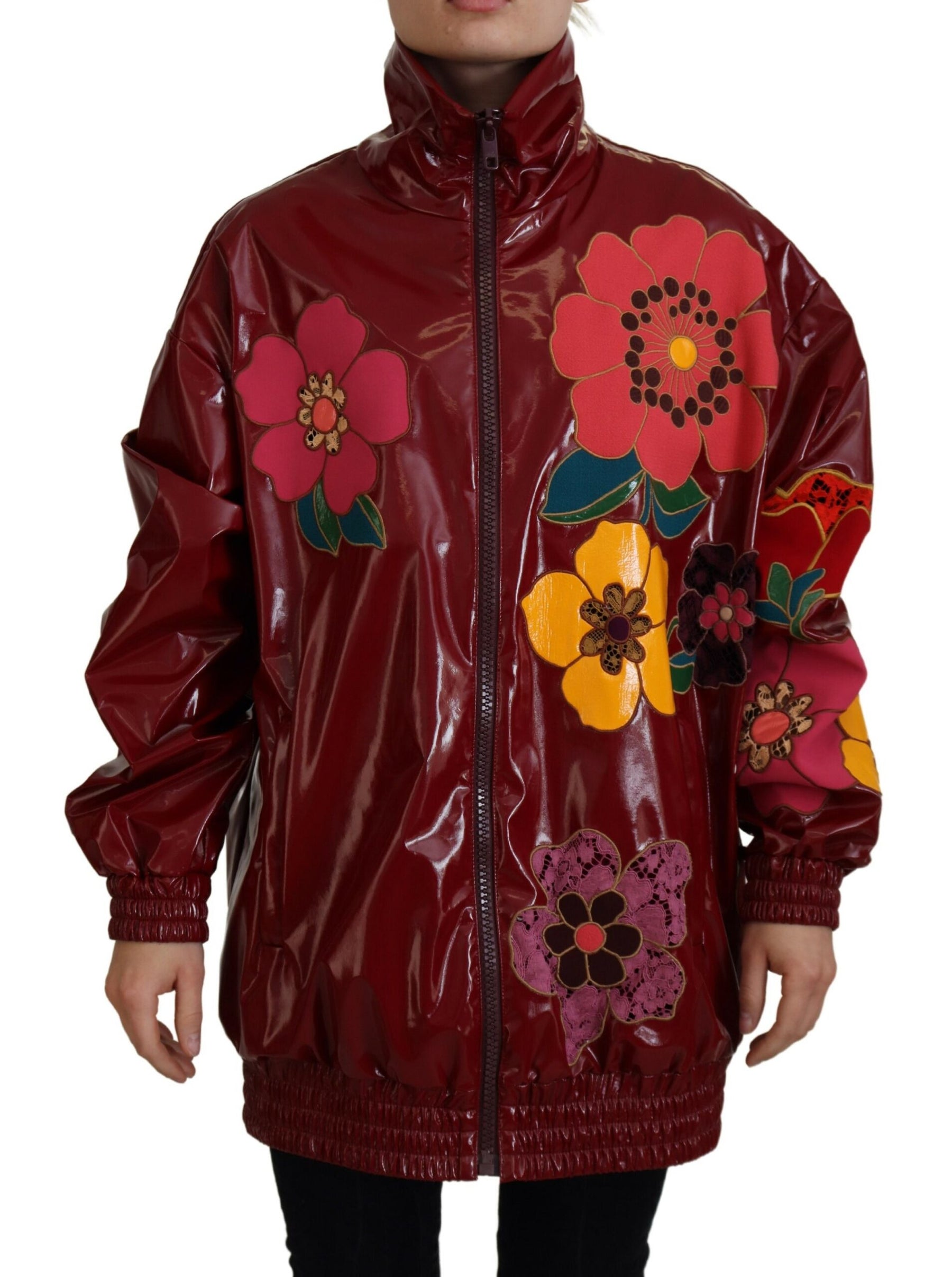 Dolce & Gabbana Maroon Floral Full Zip Polyester Women Jacket | Regal Royce