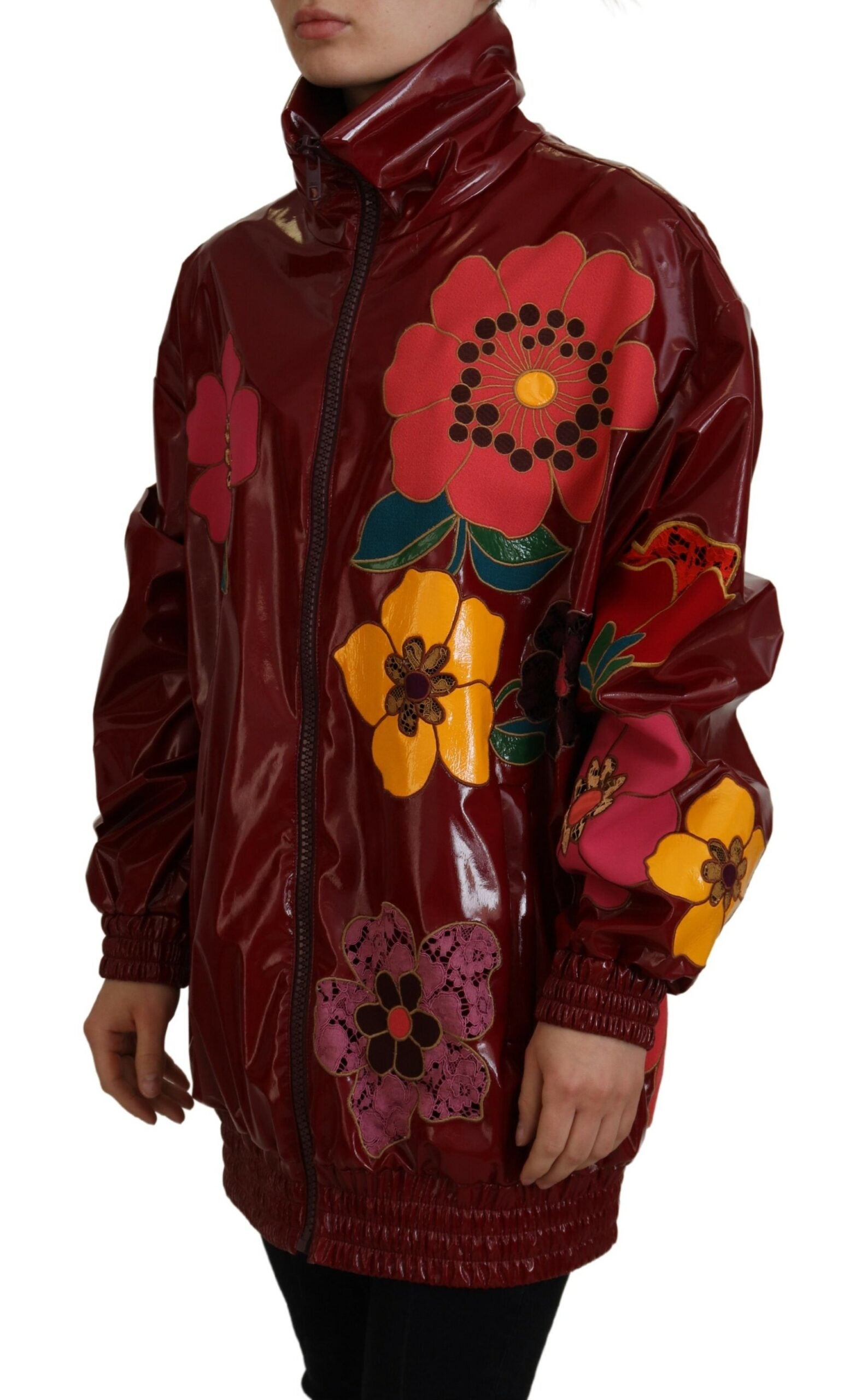 Dolce & Gabbana Maroon Floral Full Zip Polyester Women Jacket | Regal Royce