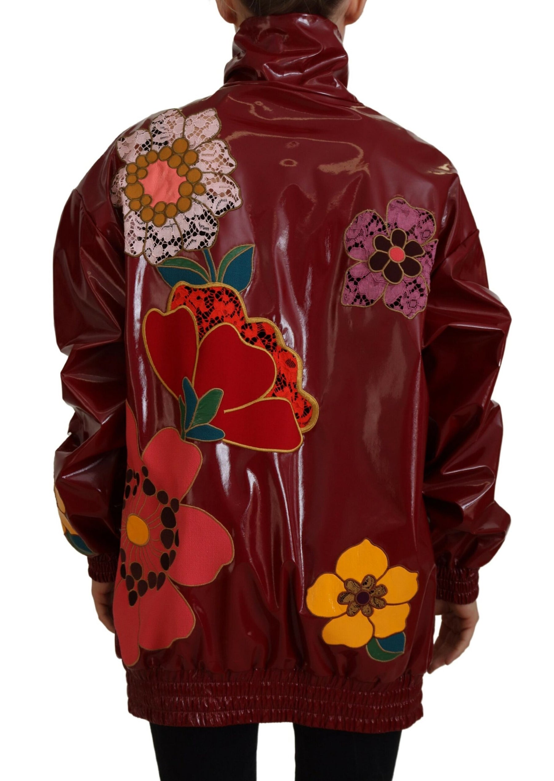 Dolce & Gabbana Maroon Floral Full Zip Polyester Women Jacket | Regal Royce