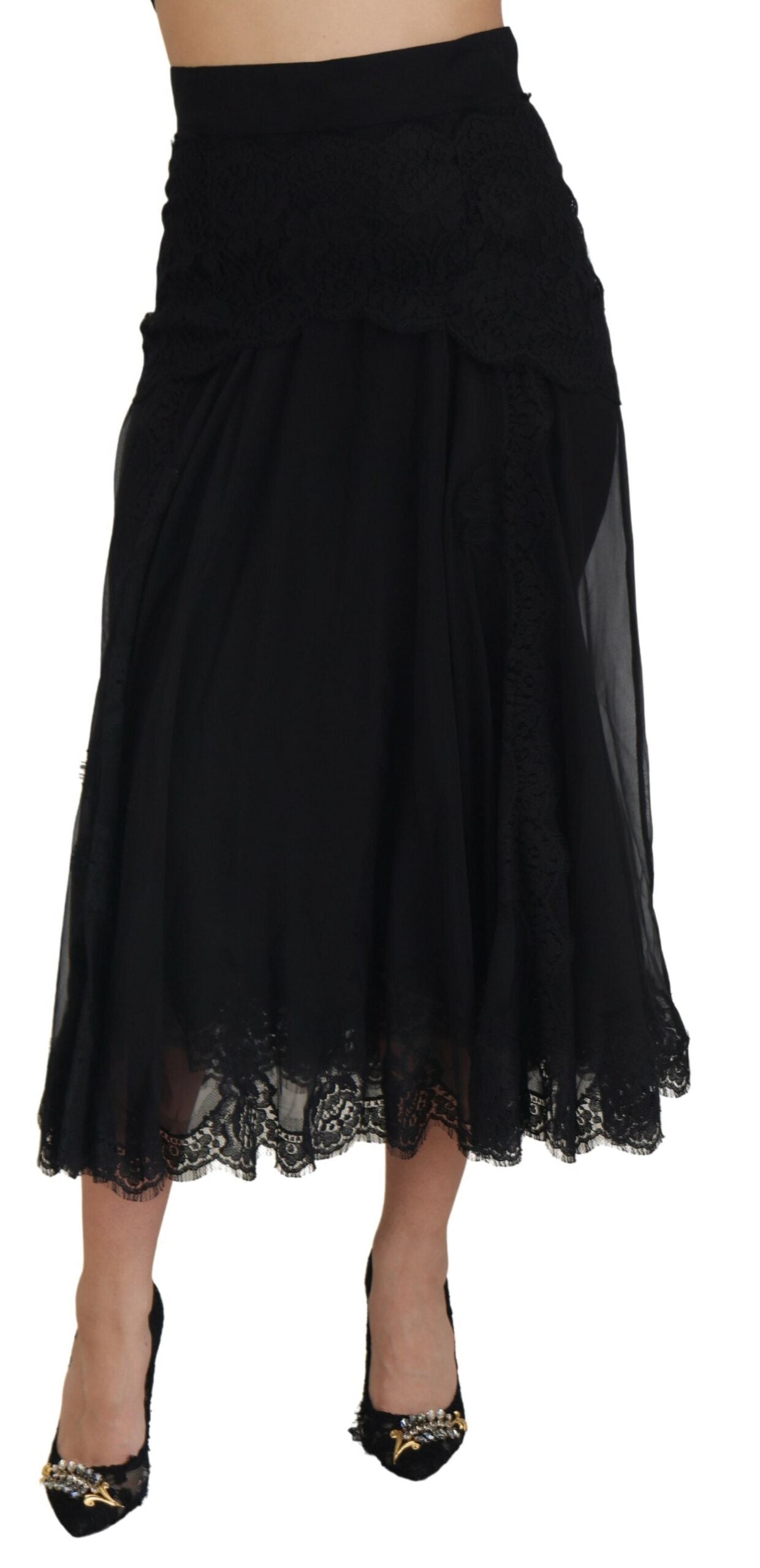 Dolce & Gabbana Black Silk Lace Trim High Waist Midi Skirt | Regal Royce
