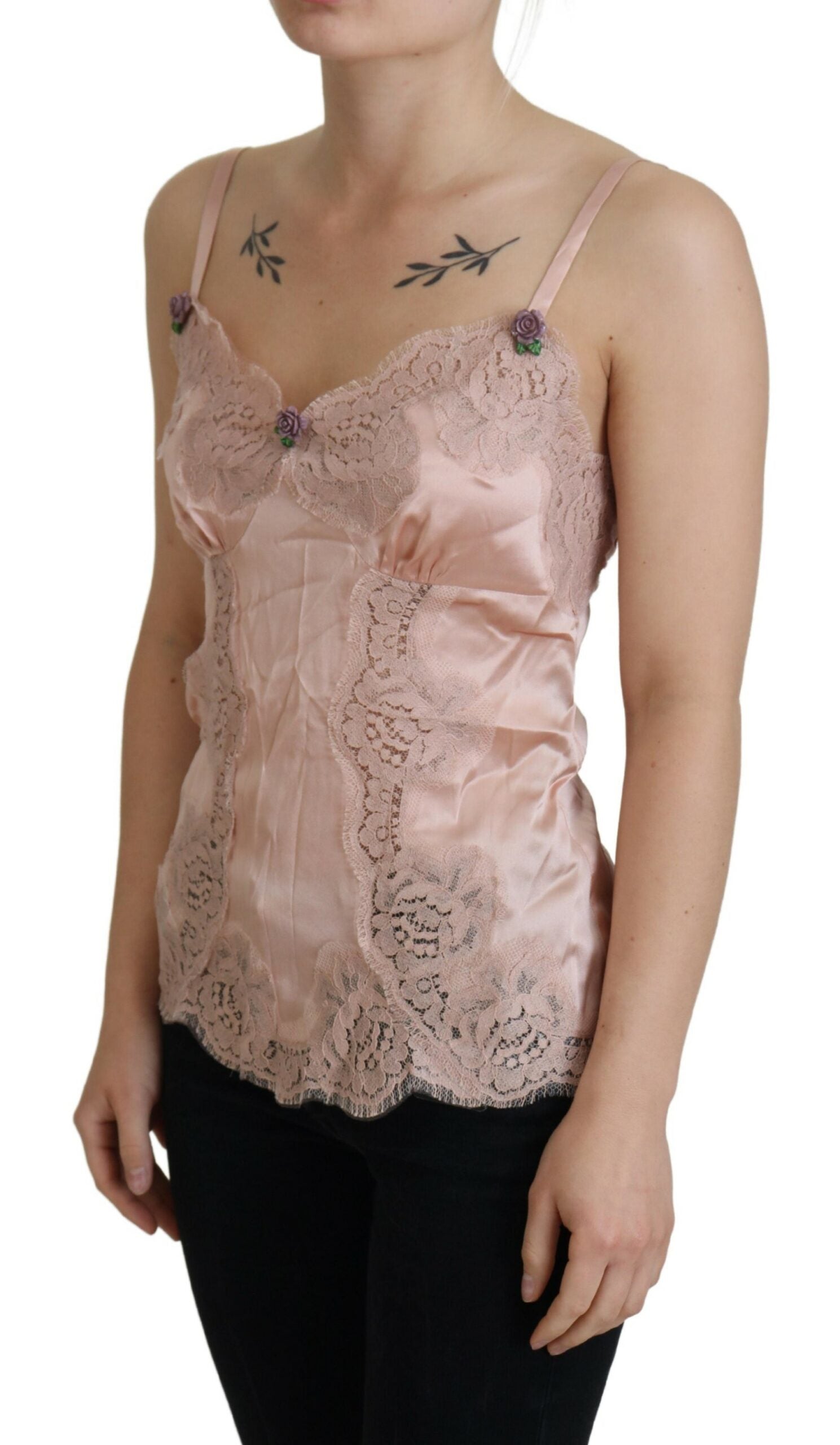 Dolce & Gabbana Pink Satin Lace Roses Tank Top Lingerie | Regal Royce